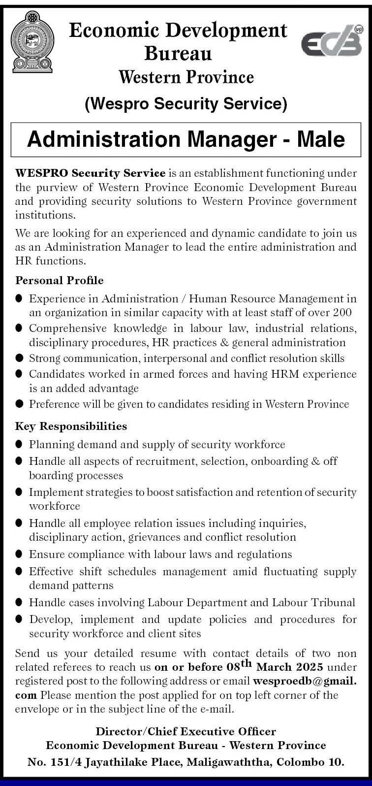 Administration Manager - Economic Development Bureau - Western Province