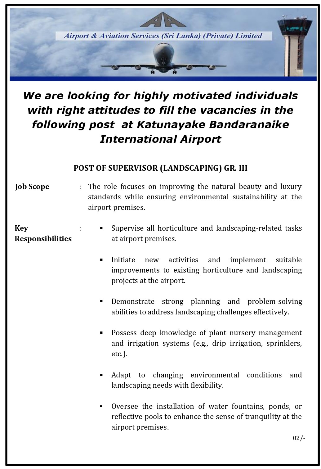 Supervisor (Landscaping), Technical Officer (Landscaping, Civil) - Airport & Aviation Services (Sri Lanka) (Private) Limited