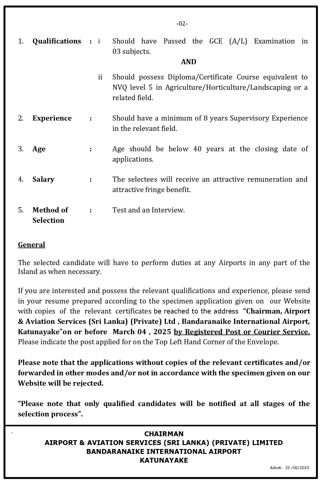 Supervisor (Landscaping), Technical Officer (Landscaping, Civil) - Airport & Aviation Services (Sri Lanka) (Private) Limited