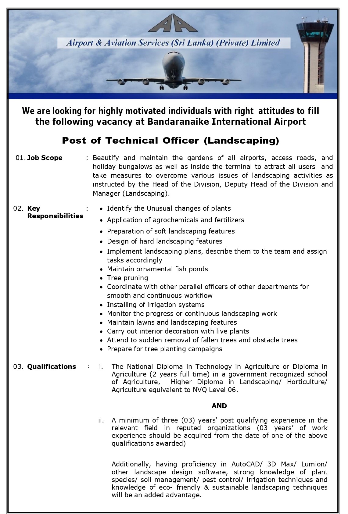 Supervisor (Landscaping), Technical Officer (Landscaping, Civil) - Airport & Aviation Services (Sri Lanka) (Private) Limited