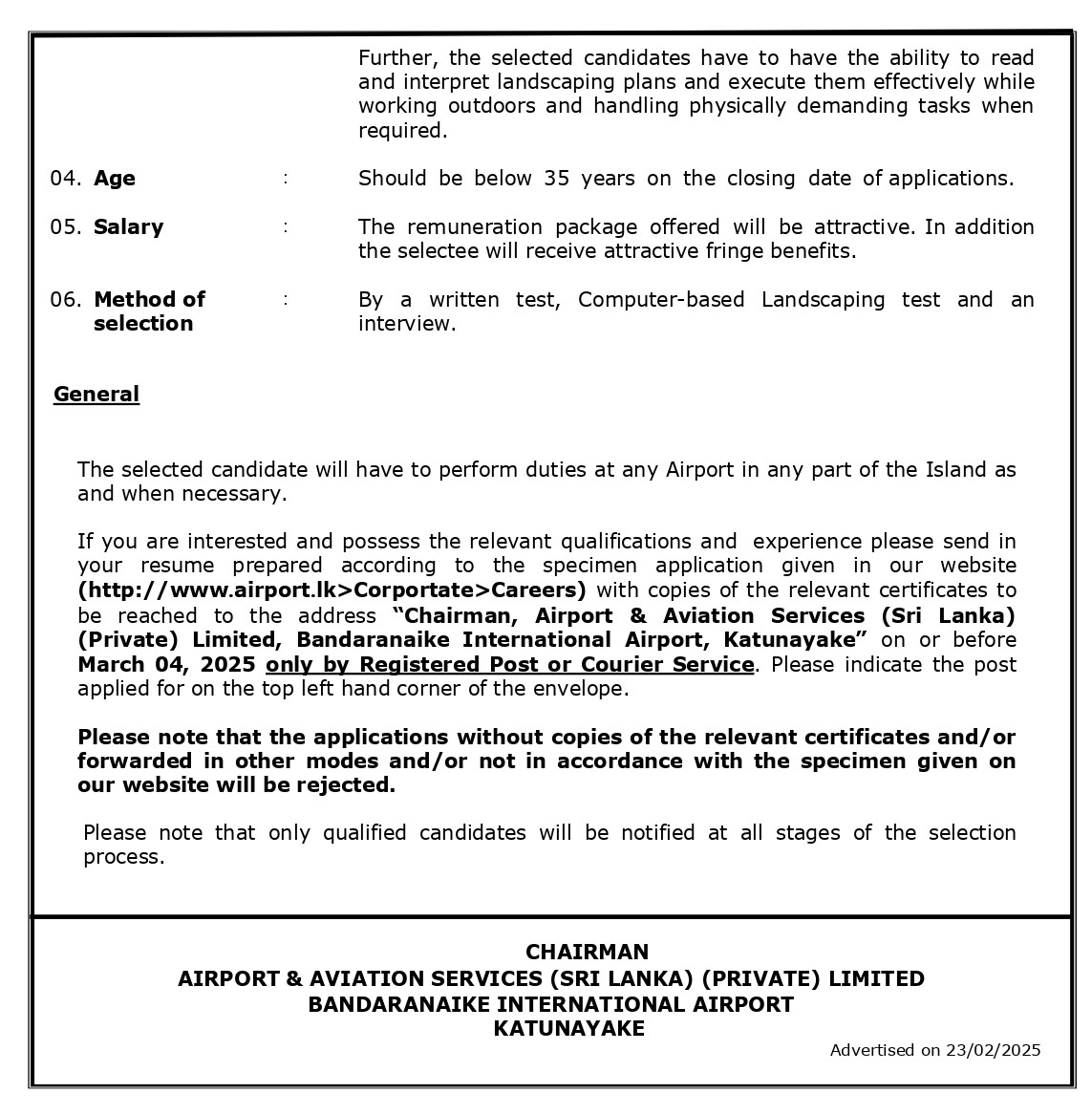 Supervisor (Landscaping), Technical Officer (Landscaping, Civil) - Airport & Aviation Services (Sri Lanka) (Private) Limited
