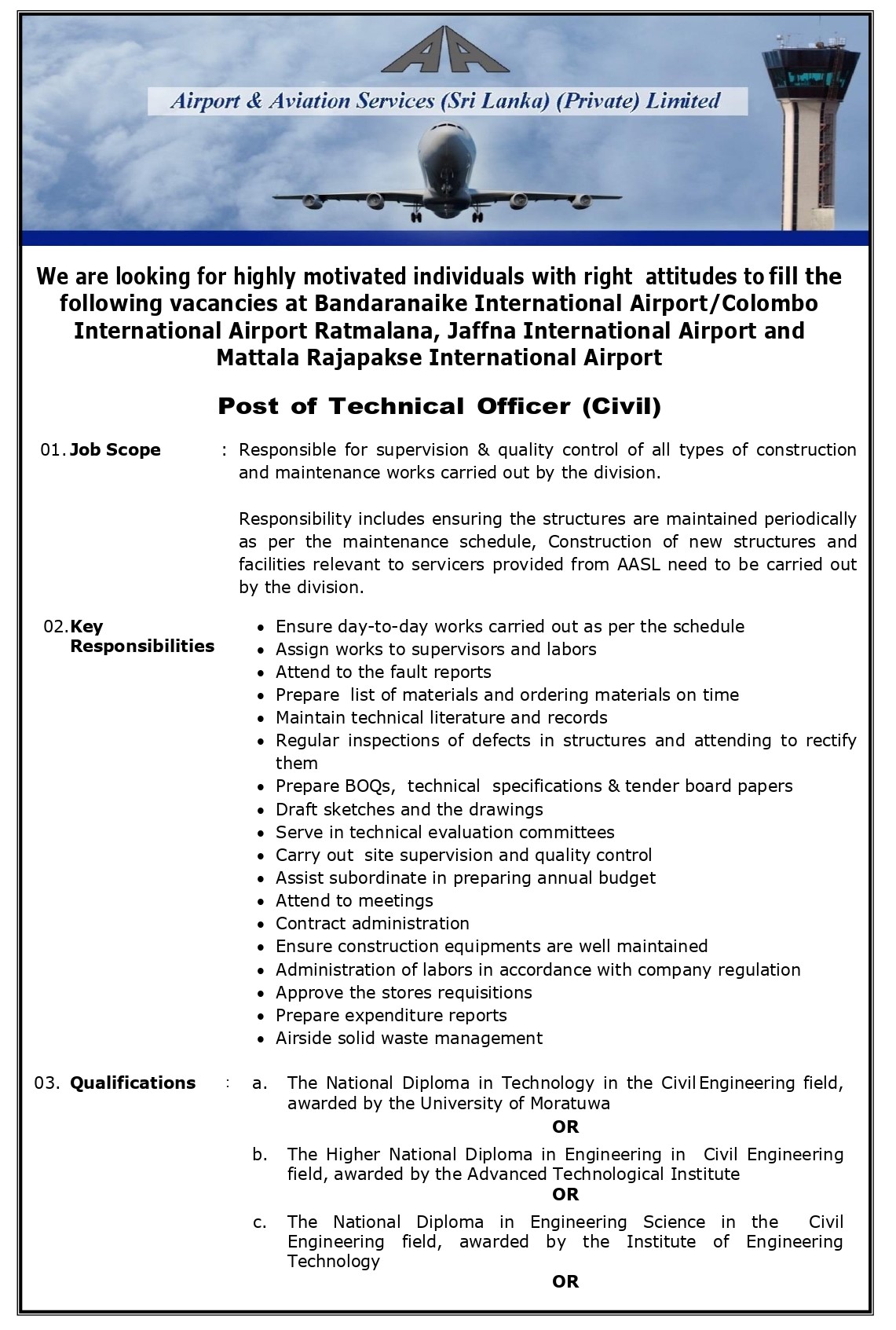 Supervisor (Landscaping), Technical Officer (Landscaping, Civil) - Airport & Aviation Services (Sri Lanka) (Private) Limited