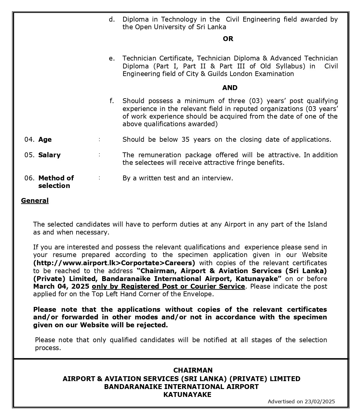 Supervisor (Landscaping), Technical Officer (Landscaping, Civil) - Airport & Aviation Services (Sri Lanka) (Private) Limited