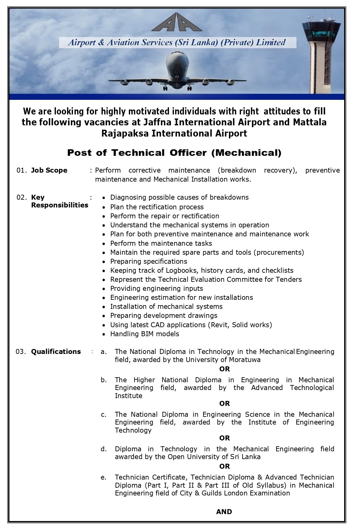 Technical Officer (Mechanical, Quantity Surveying) - Airport & Aviation Services (Sri Lanka) (Private) Limited
