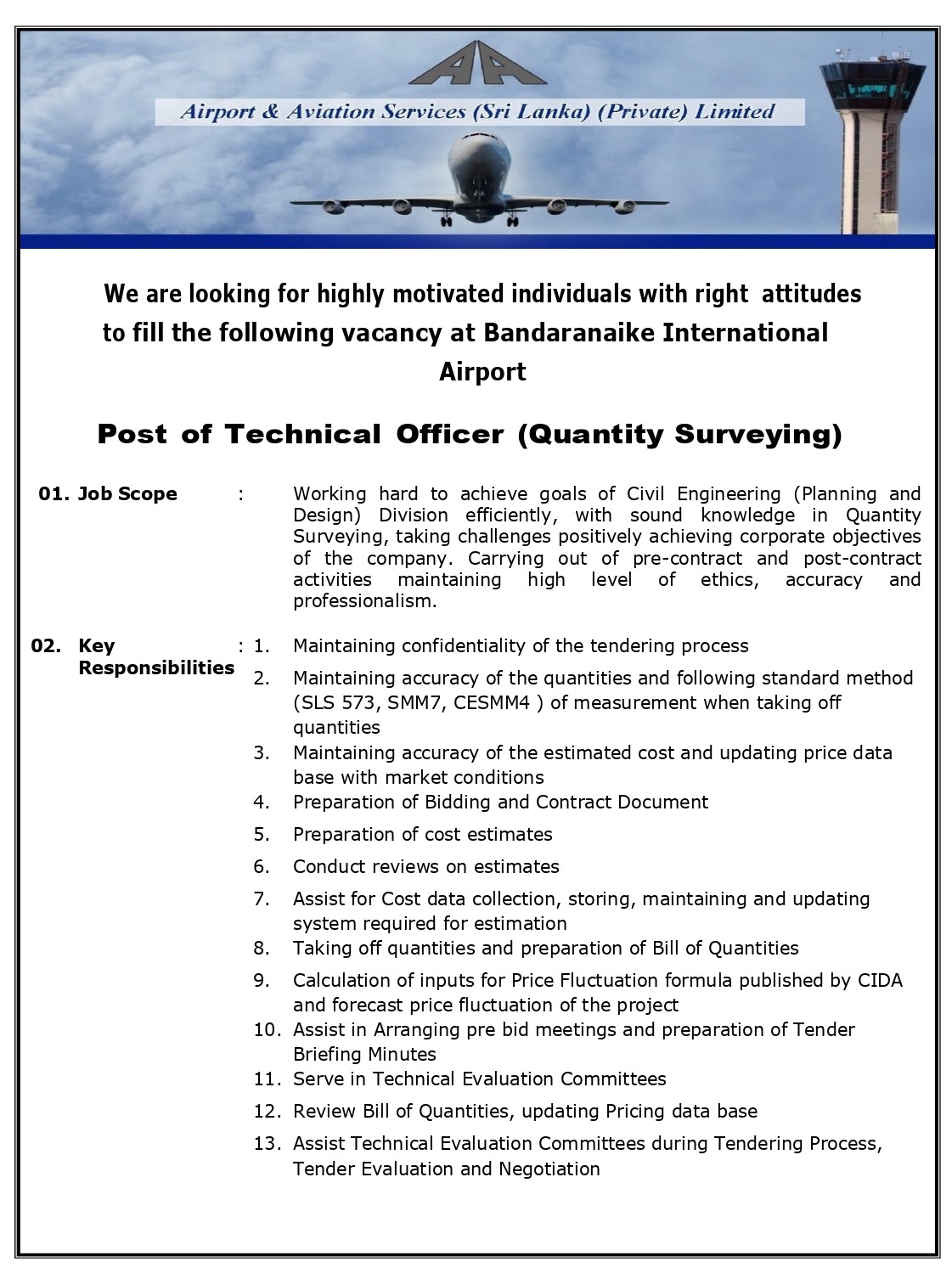 Technical Officer (Mechanical, Quantity Surveying) - Airport & Aviation Services (Sri Lanka) (Private) Limited