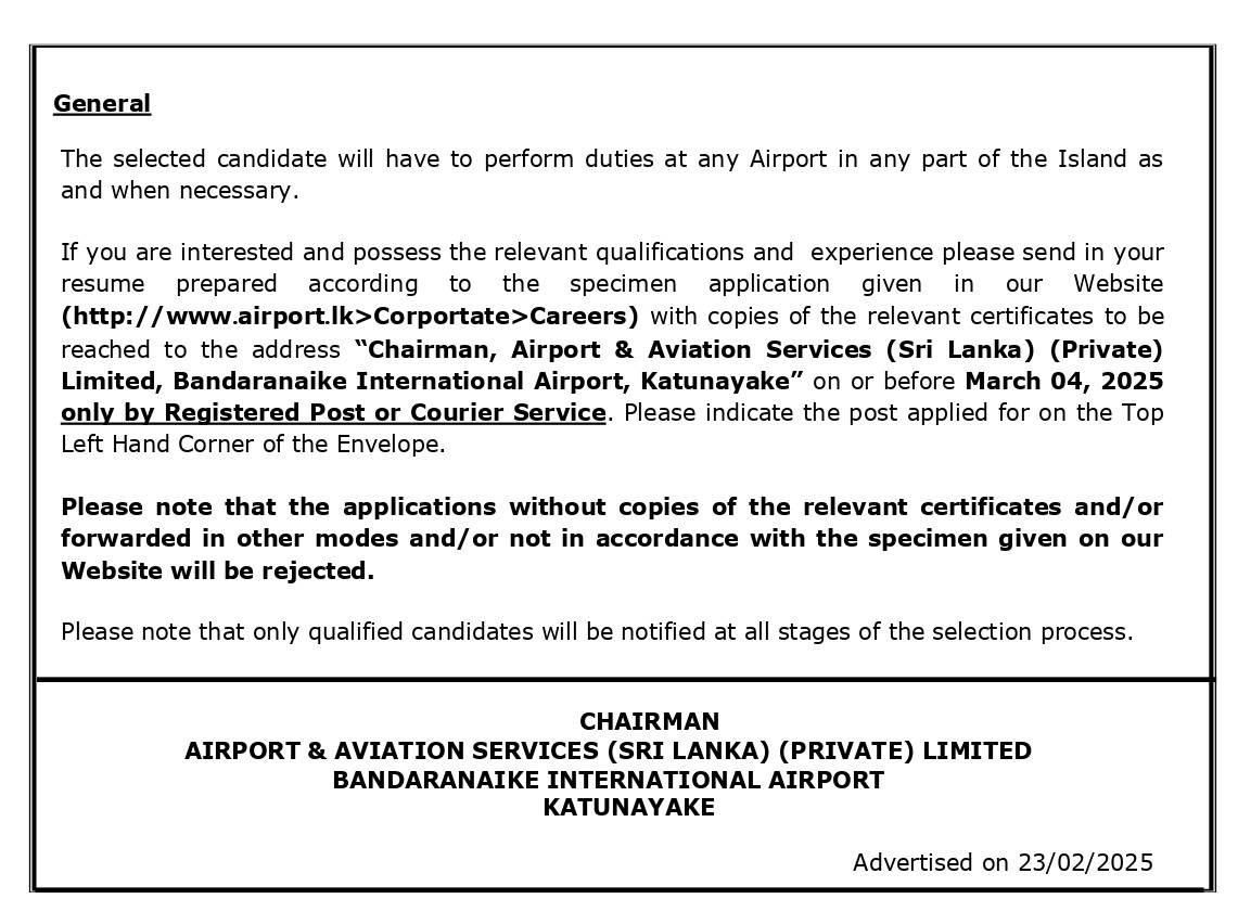 Technical Officer (Mechanical, Quantity Surveying) - Airport & Aviation Services (Sri Lanka) (Private) Limited