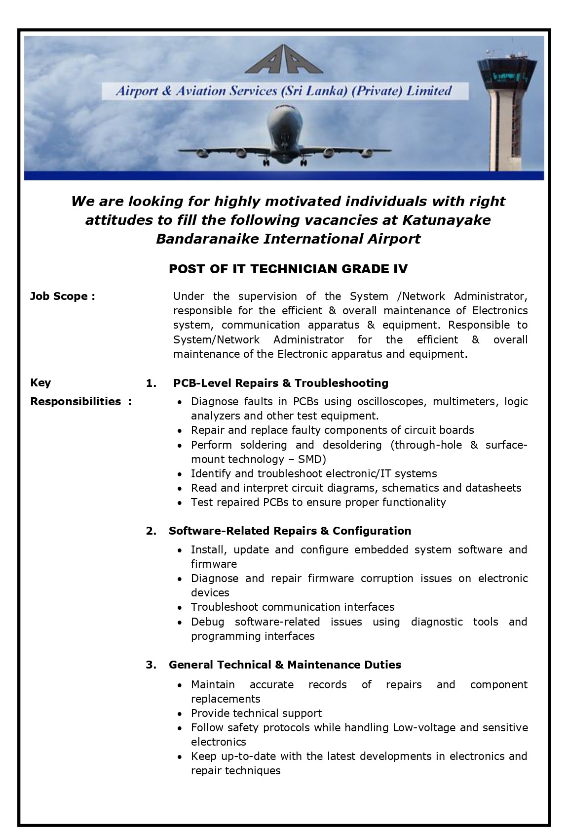 IT Technician - Airport & Aviation Services (Sri Lanka) (Private) Limited