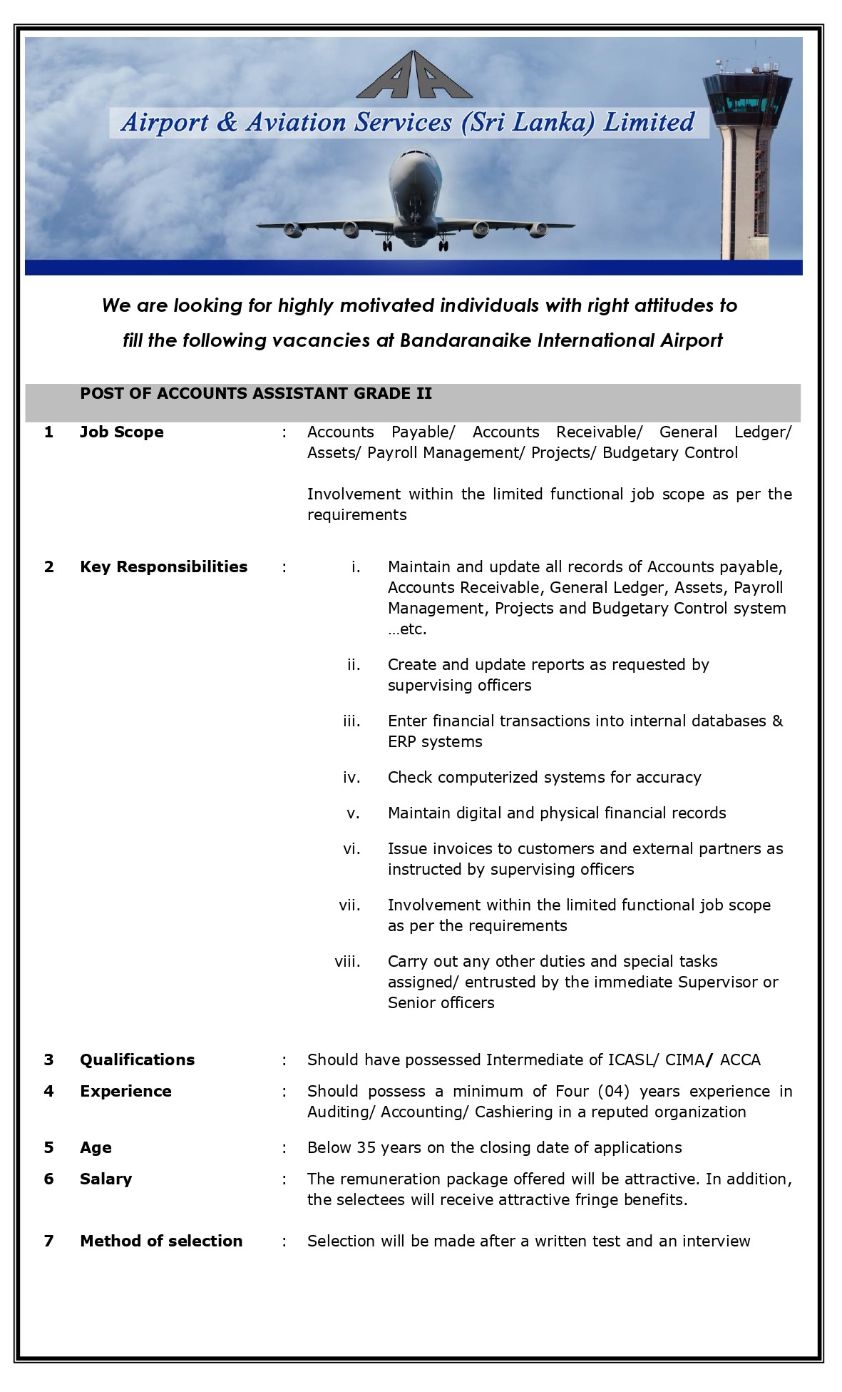Accounts Assistant, Internal Audit Examiner, Aircraft Technician - Airport & Aviation Services (Sri Lanka) (Private) Limited  