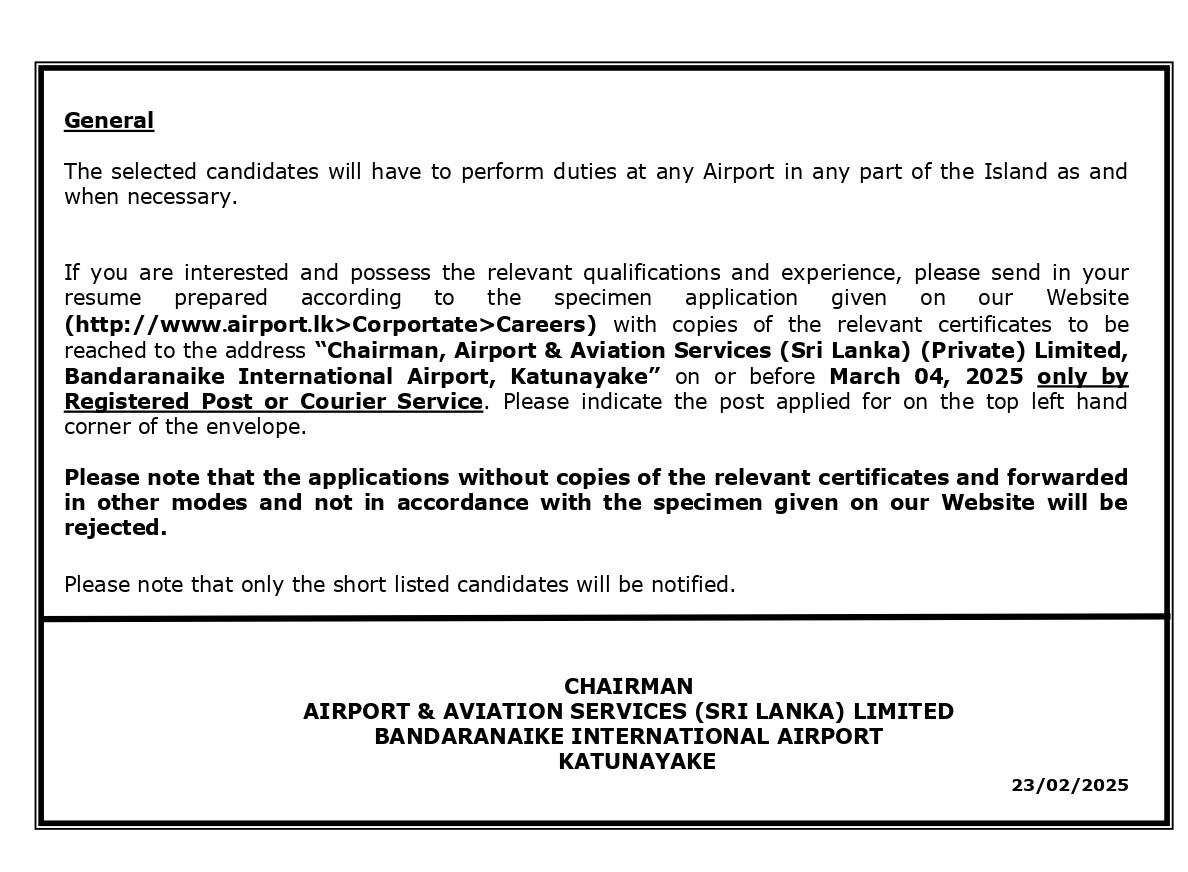 Accounts Assistant, Internal Audit Examiner, Aircraft Technician - Airport & Aviation Services (Sri Lanka) (Private) Limited  