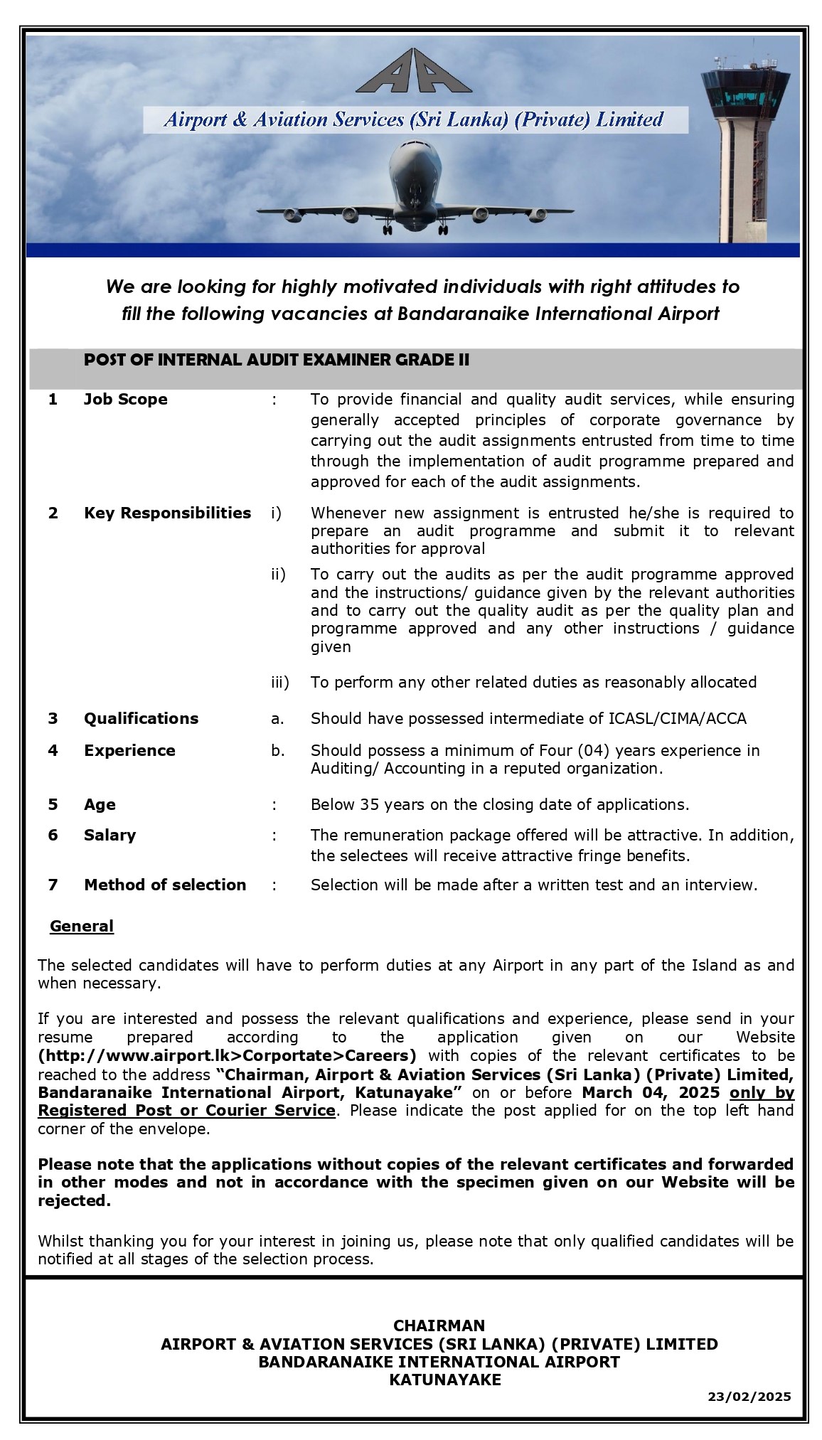 Accounts Assistant, Internal Audit Examiner, Aircraft Technician - Airport & Aviation Services (Sri Lanka) (Private) Limited  
