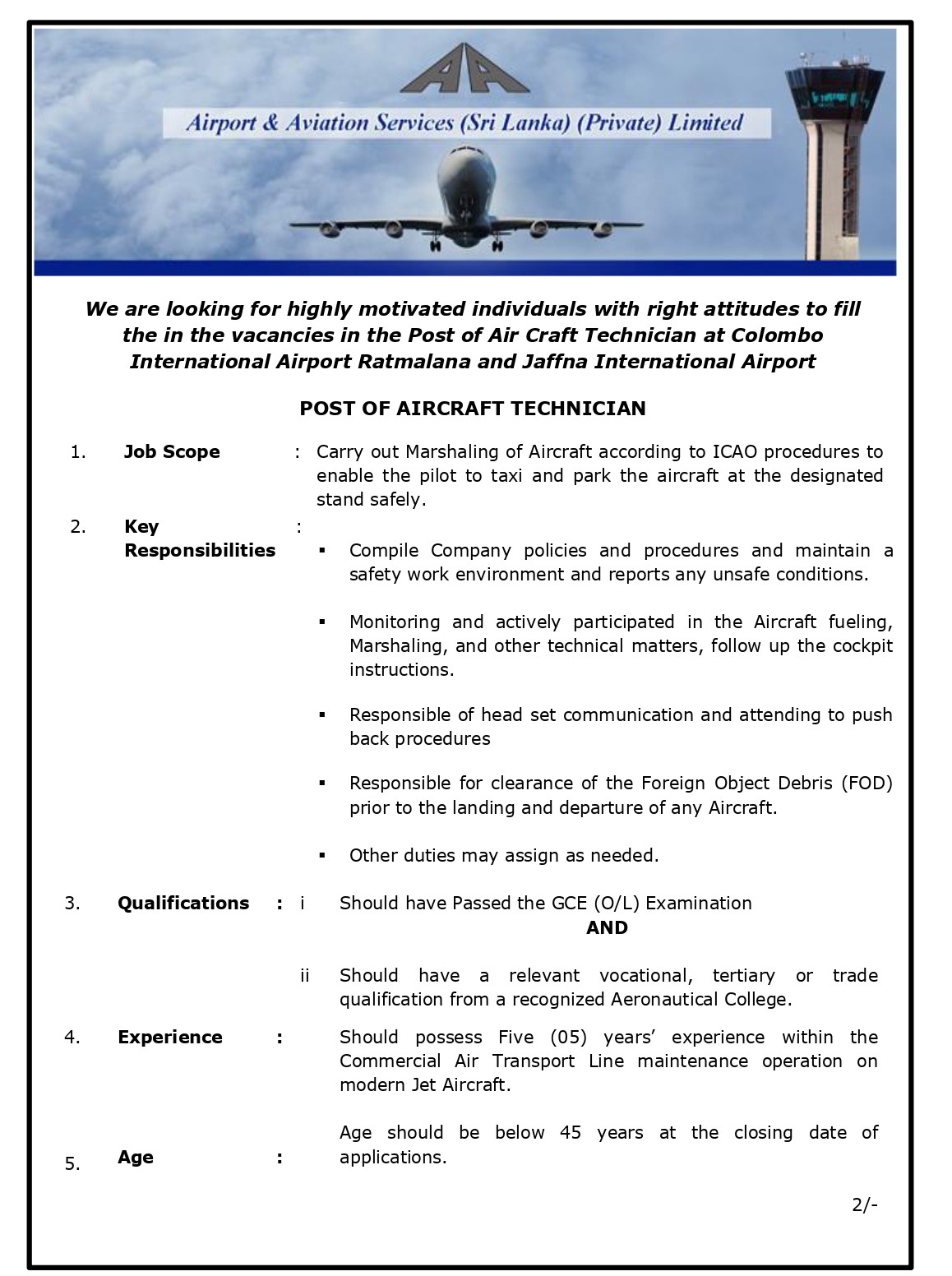Accounts Assistant, Internal Audit Examiner, Aircraft Technician - Airport & Aviation Services (Sri Lanka) (Private) Limited  