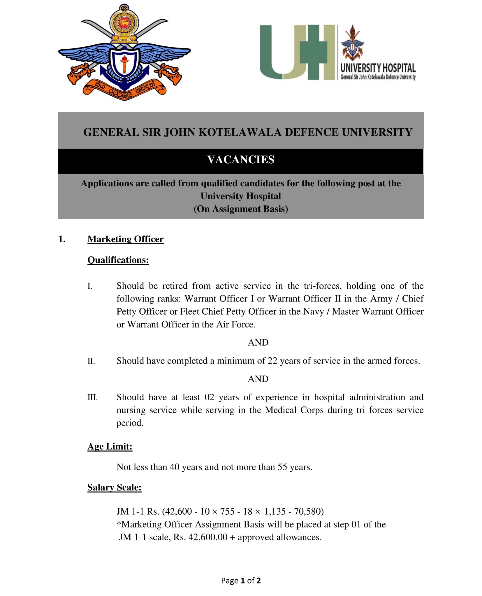 Marketing Officer - General Sir John Kotelawala Defence University
