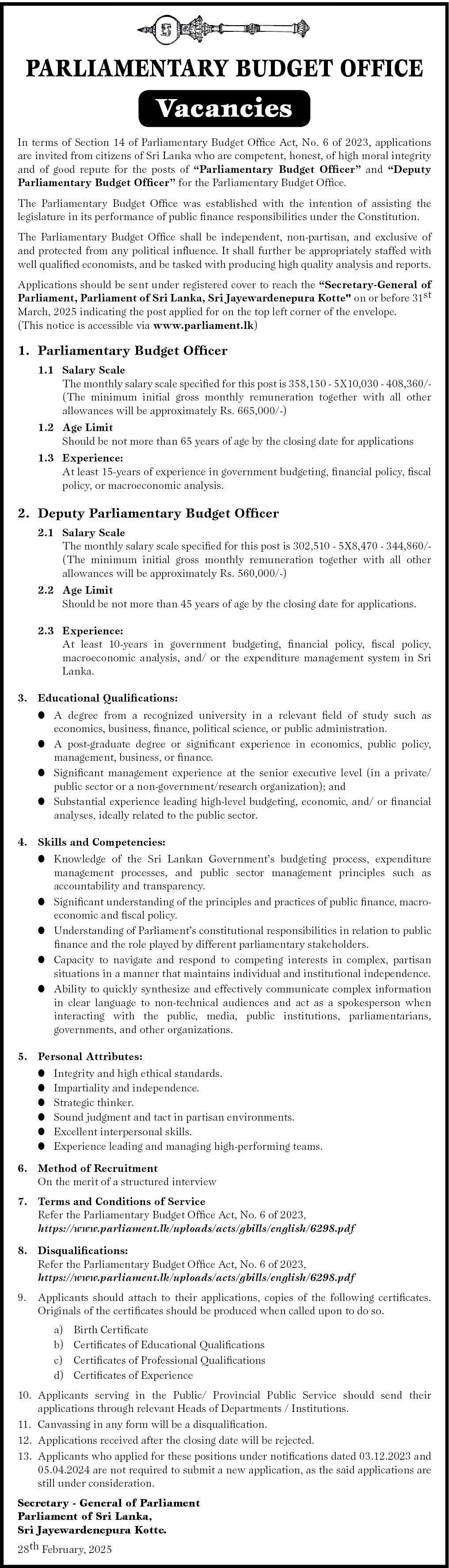 Parliamentary Budget Officer, Deputy Parliamentary Budget Officer - Parliament of Sri Lanka