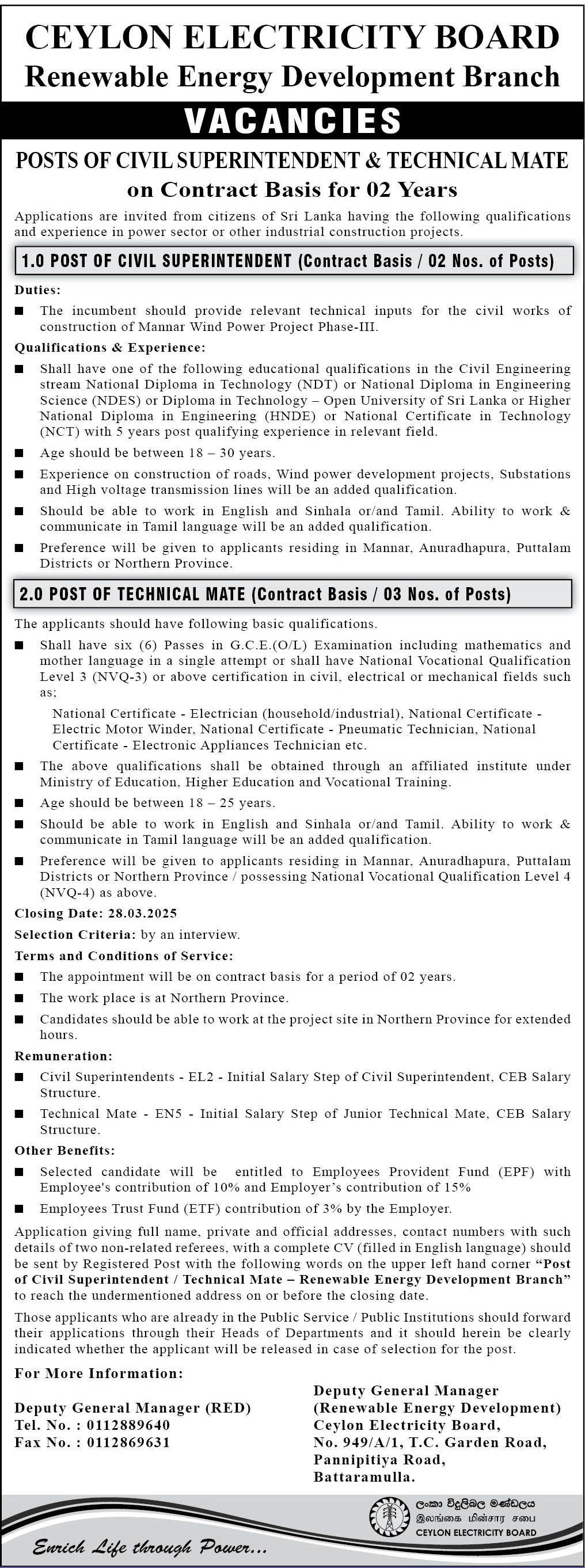 Civil Superintendent, Technical Mate - Ceylon Electricity Board