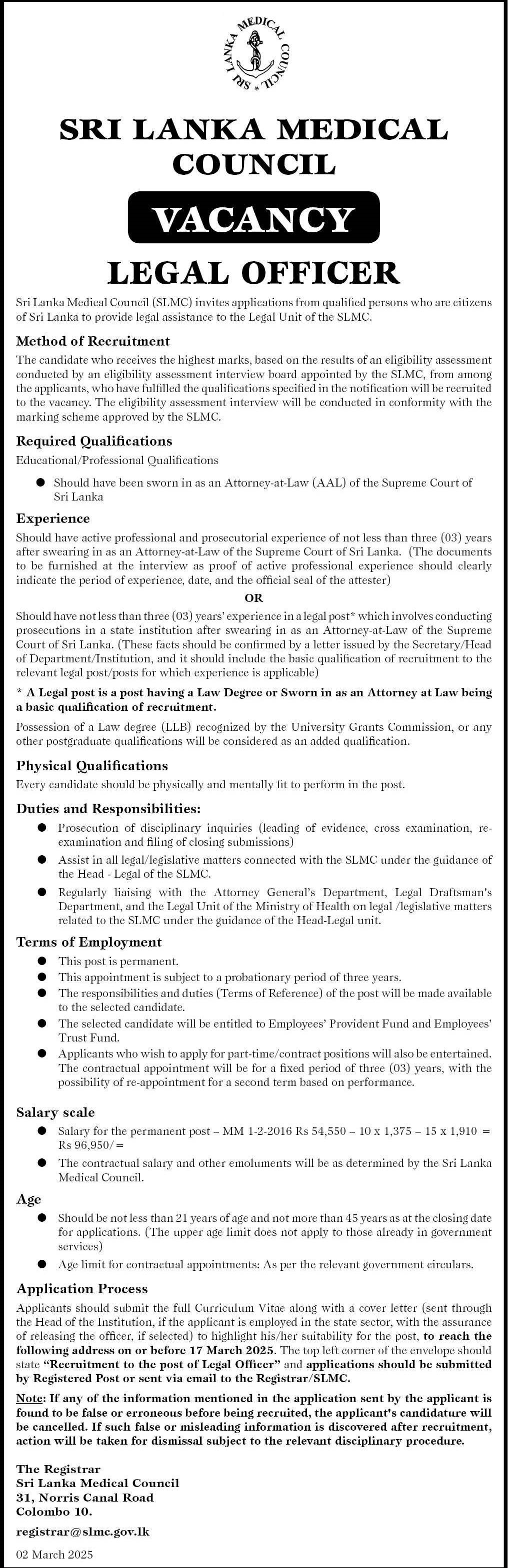 Legal Officer - Sri Lanka Medial Council