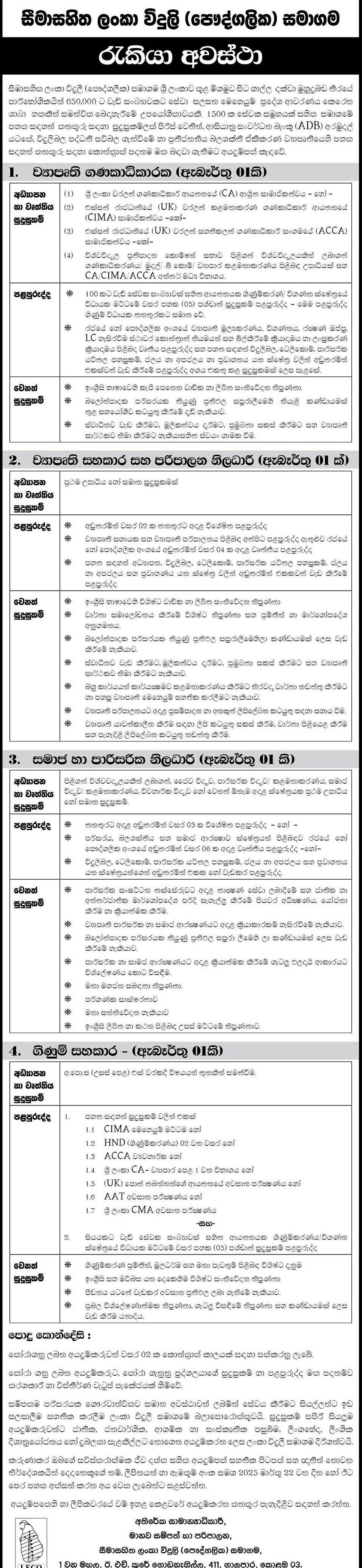 Project Accountant, Project Assistant & Administrative Officer, Social & Environmental Officer, Accounts Assistant - Lanka Electricity Company (Private) Limited
