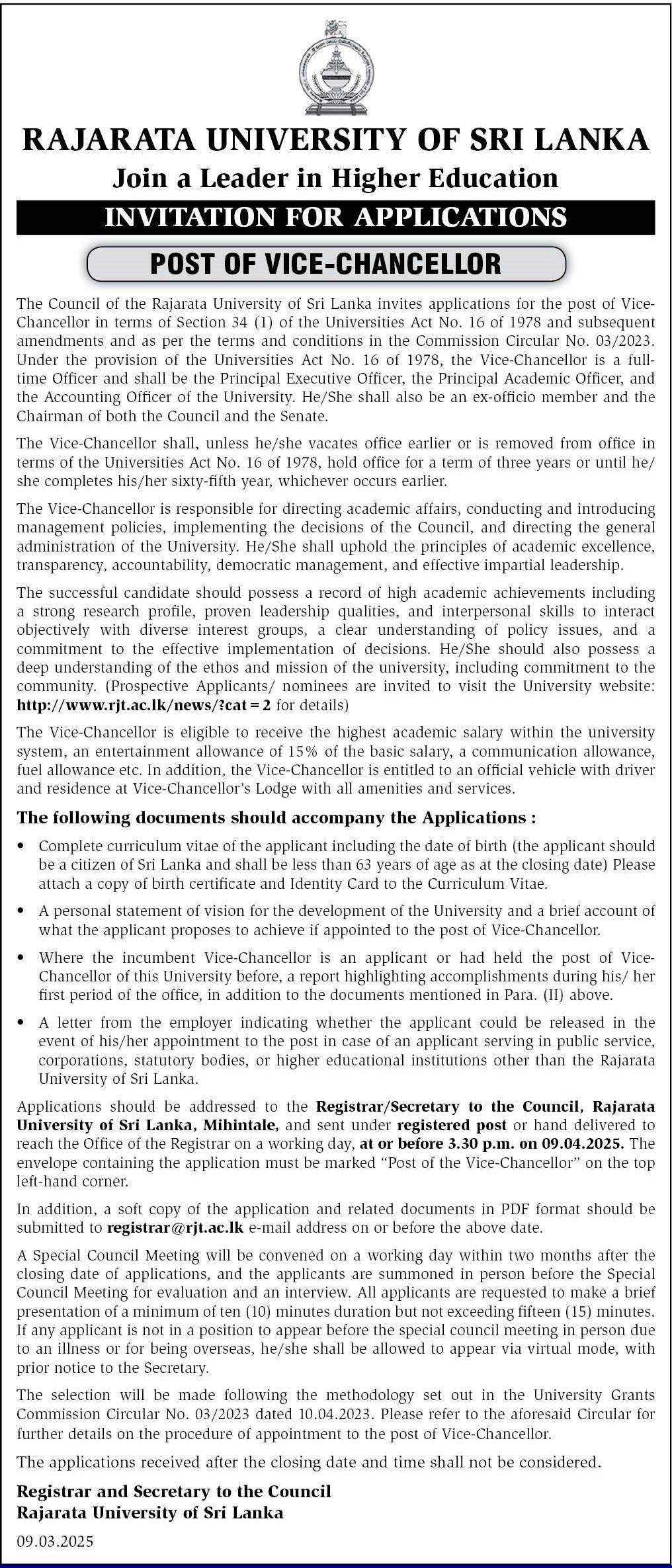 Vice Chancellor - Rajarata University of Sri Lanka