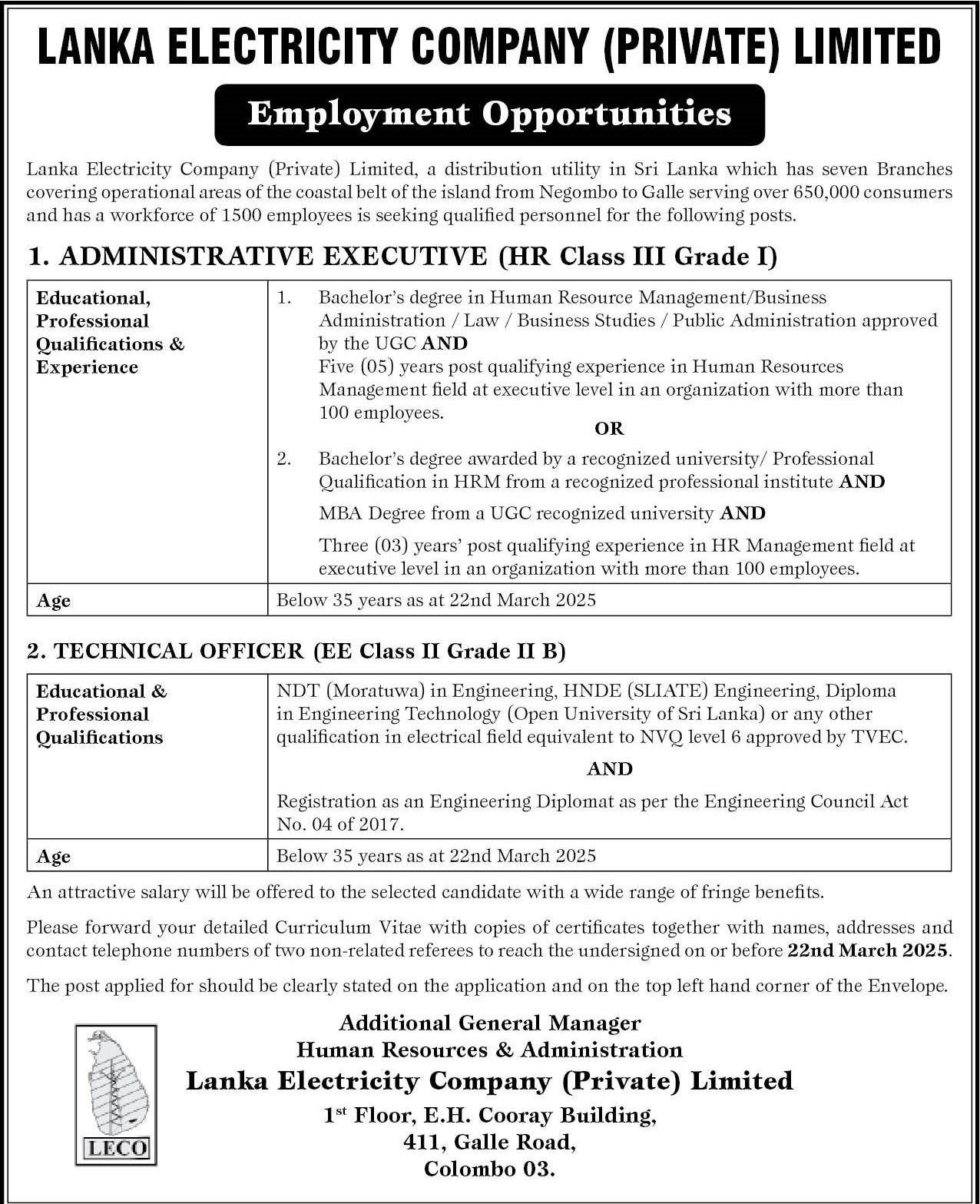 Administrative Executive, Technical Officer - Lanka Electricity Company (Private) Limited