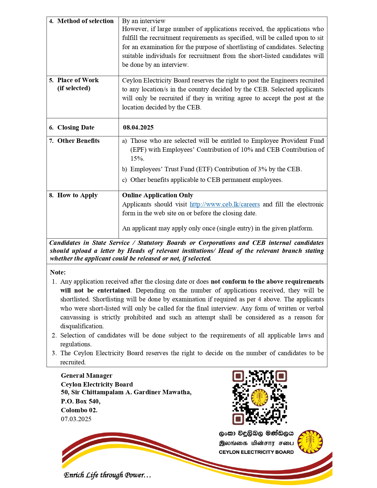 Electrical Engineer, Mechanical Engineer, Civil Engineer- Ceylon Electricity Board