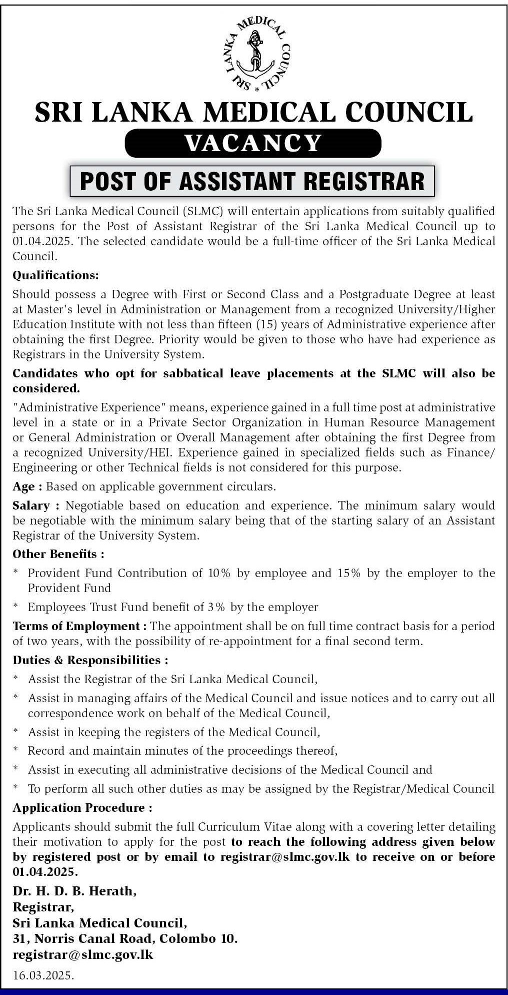 Assistant Registrar - Sri Lanka Medical Council 