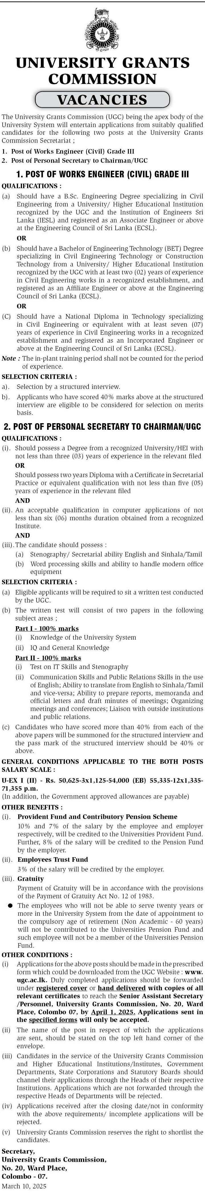 Works Engineer (Civil), Personal Secretary to Chairman - University Grants Commission