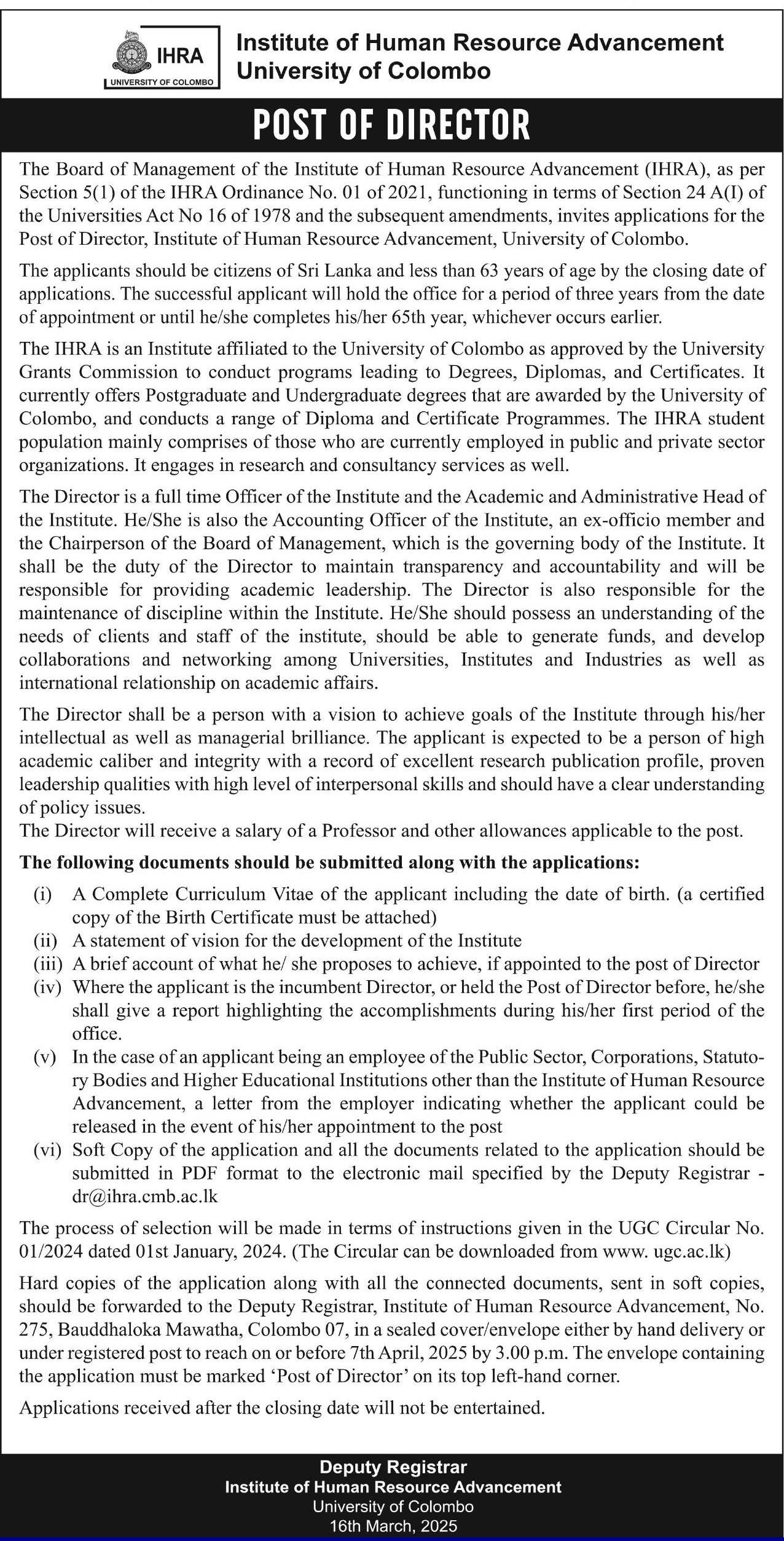 Director - Institute of Human Resource Advancement - University of Colombo