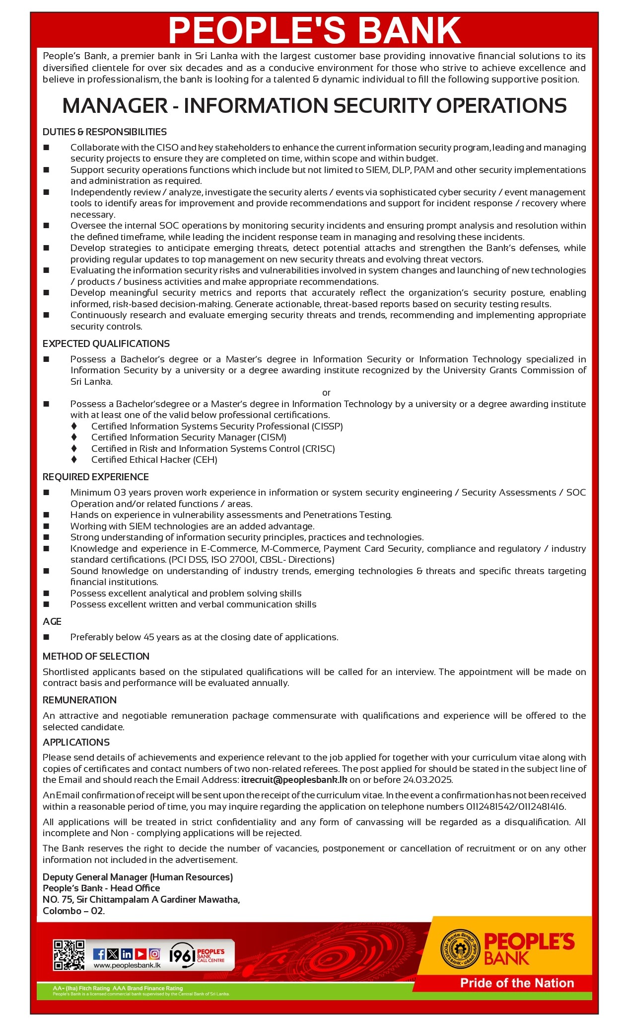 Manager (Information Security Operations), Information Security Governance, Risk & Compliance Officer - People’s Bank