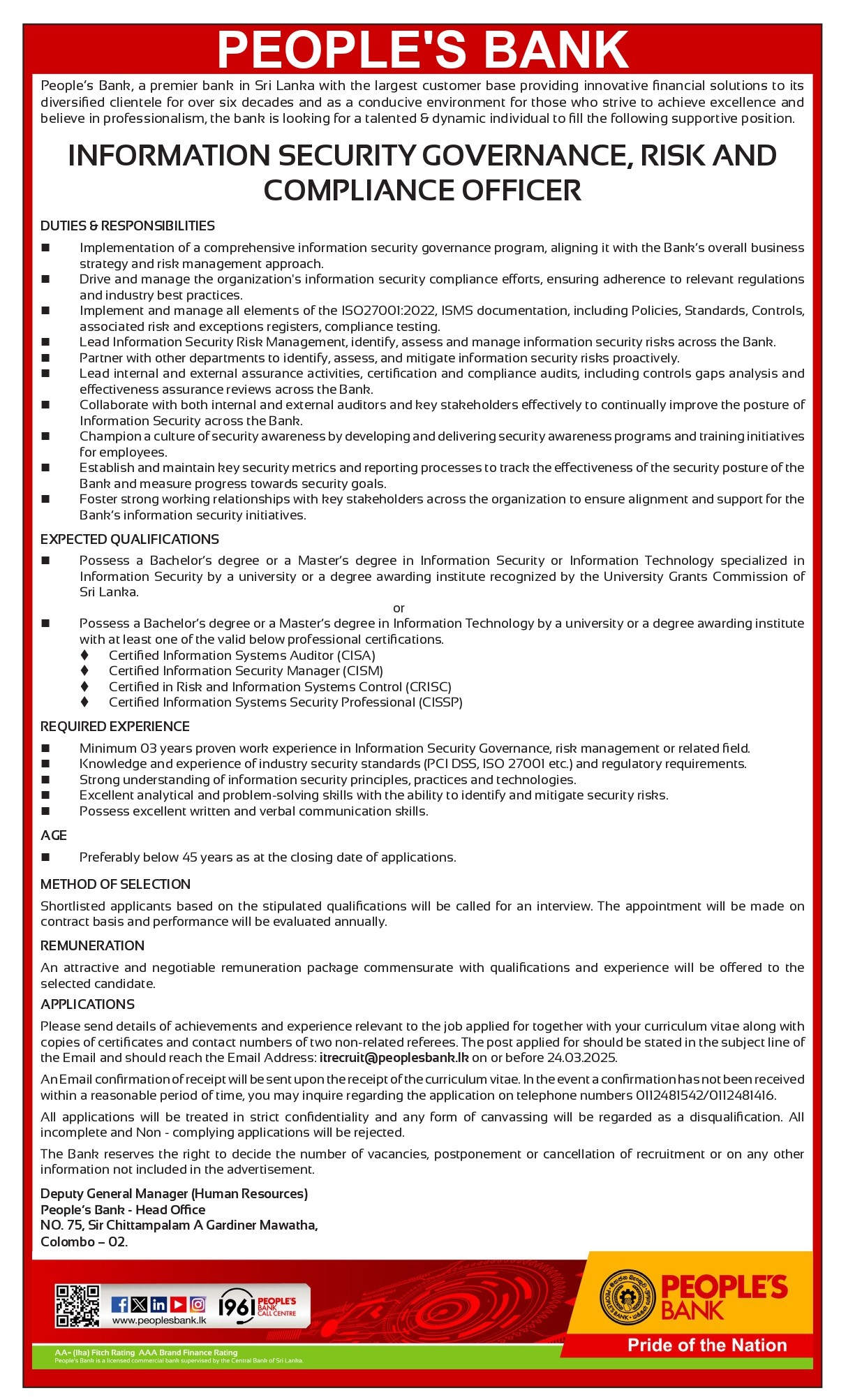 Manager (Information Security Operations), Information Security Governance, Risk & Compliance Officer - People’s Bank