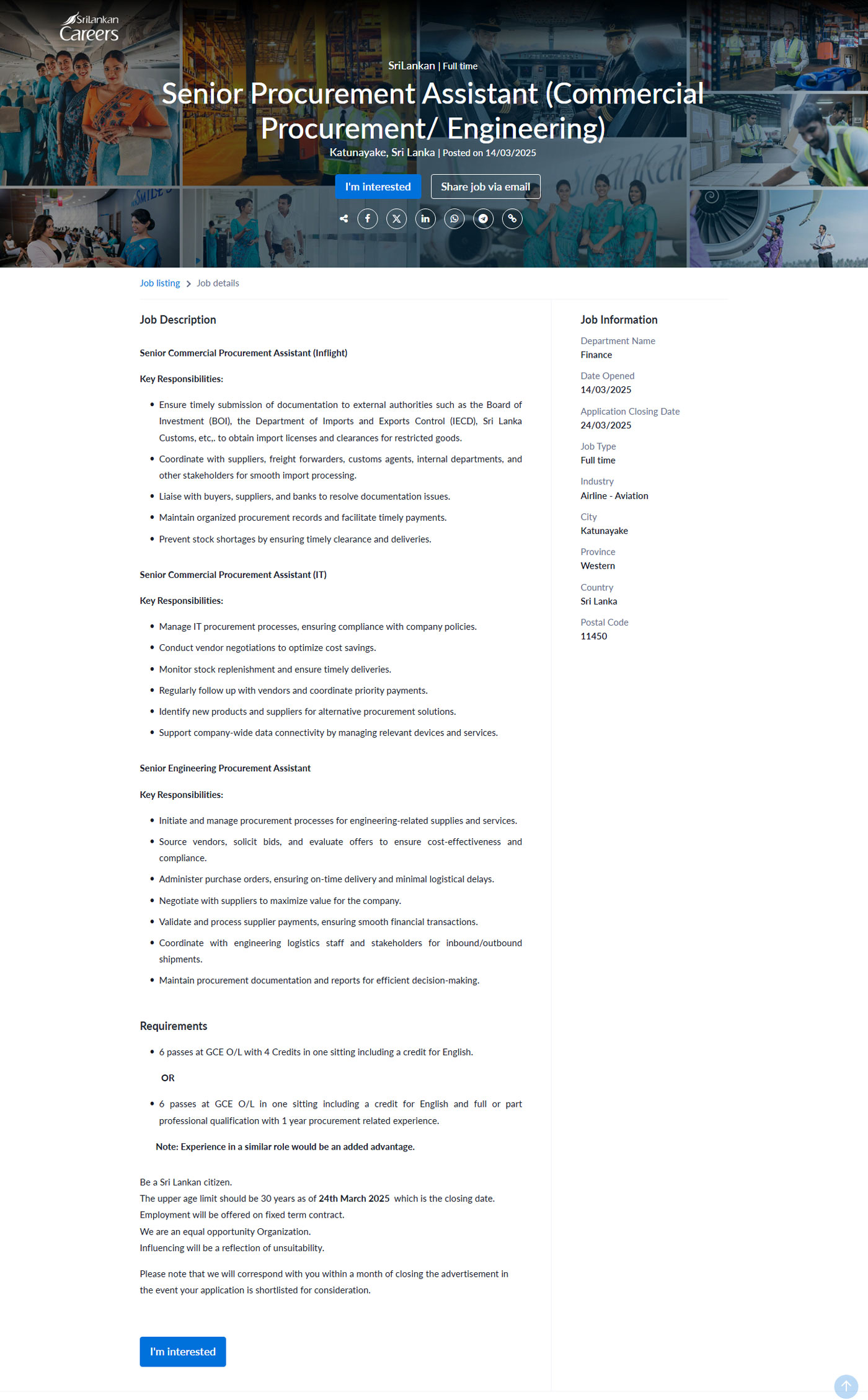 Senior Procurement Assistant (Commercial Procurement/Engineering) - SriLankan Airlines Limited