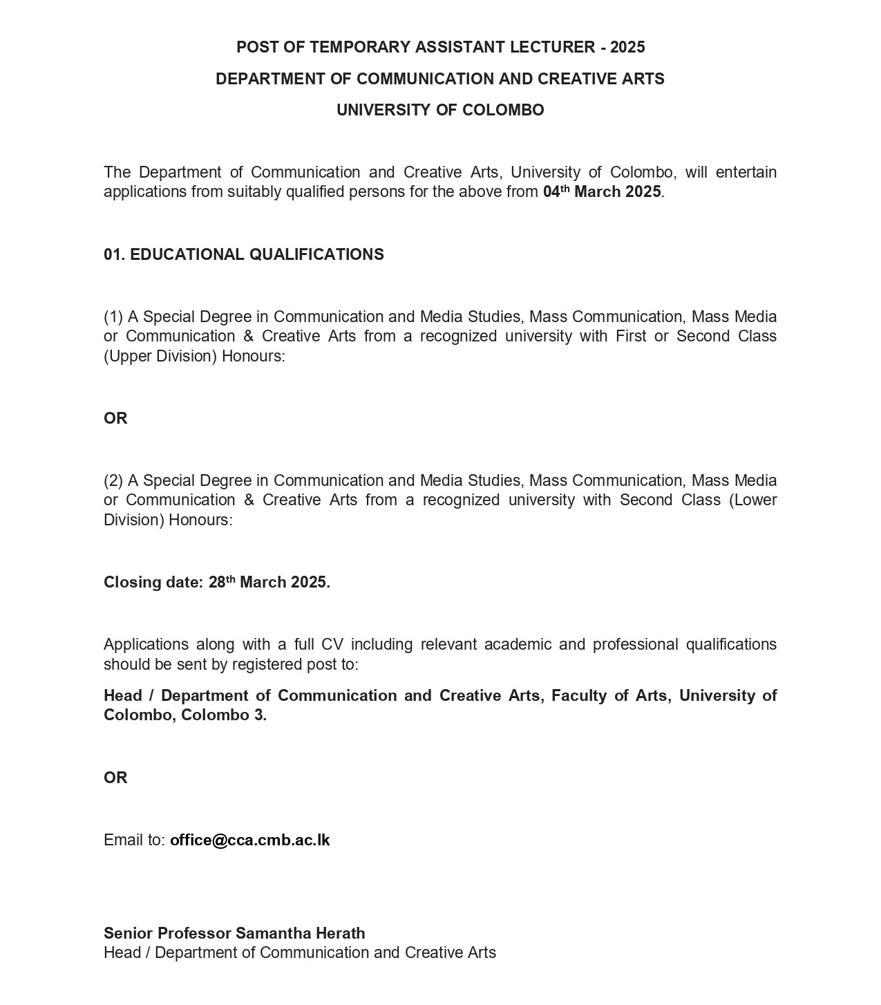 Temporary Assistant Lecturer - University of Colombo 