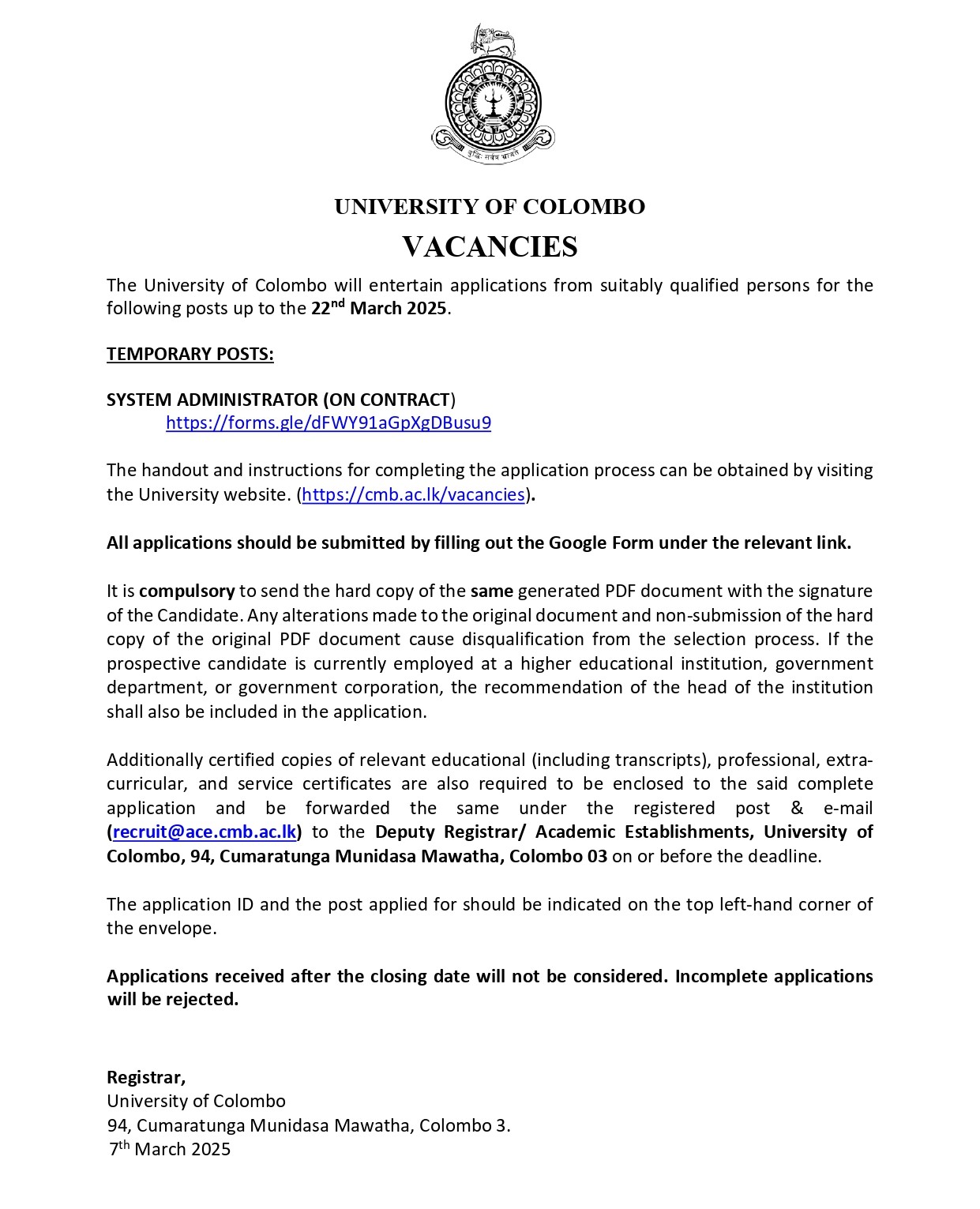 System Administrator - University of Colombo