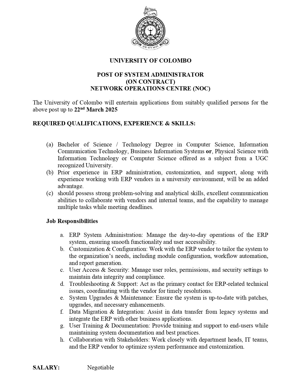 System Administrator - University of Colombo