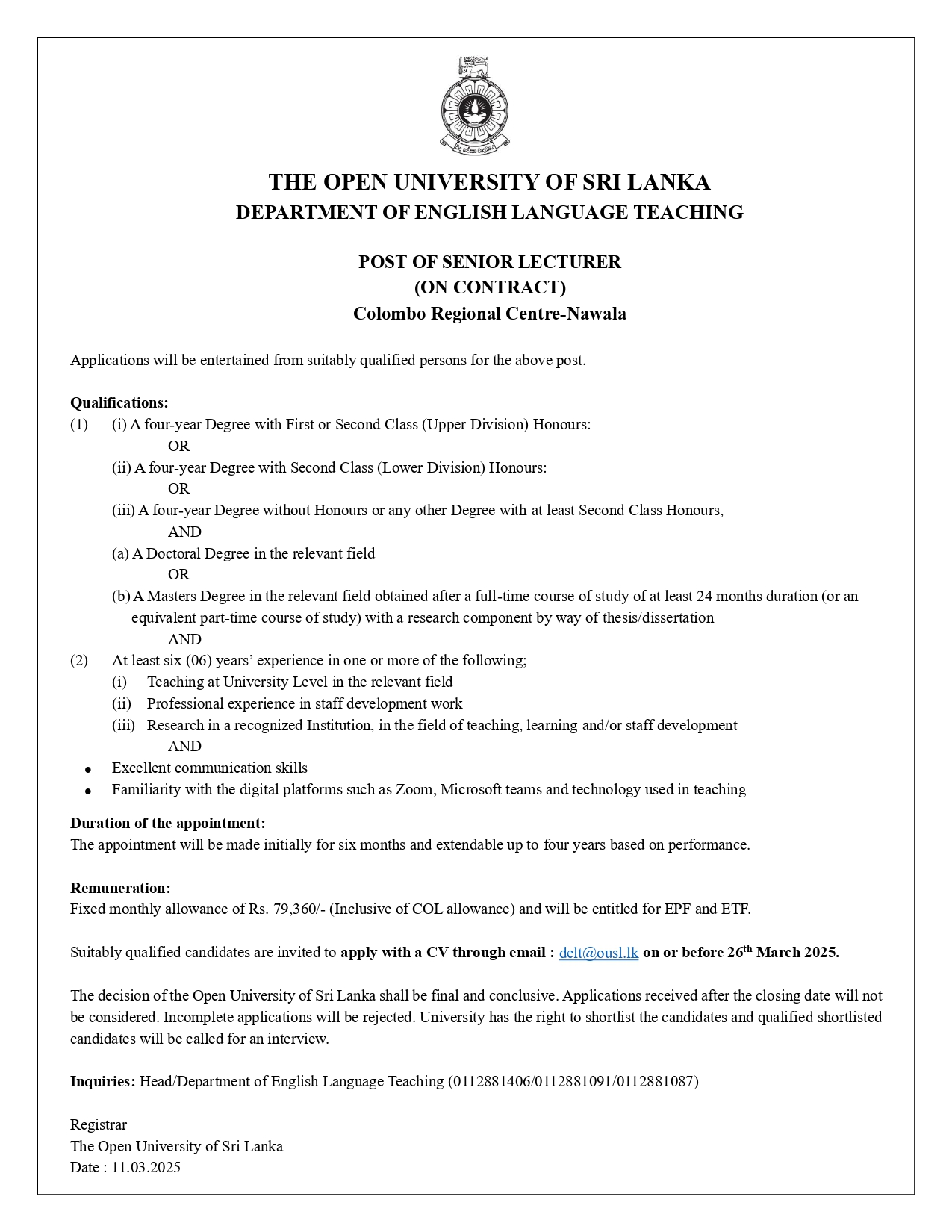 Senior Lecturer, Academic Coordinator - The Open University of Sri Lanka
