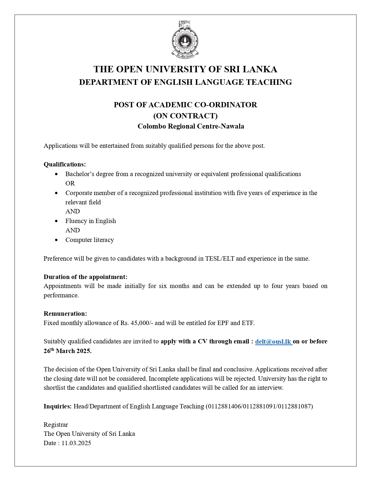 Senior Lecturer, Academic Coordinator - The Open University of Sri Lanka