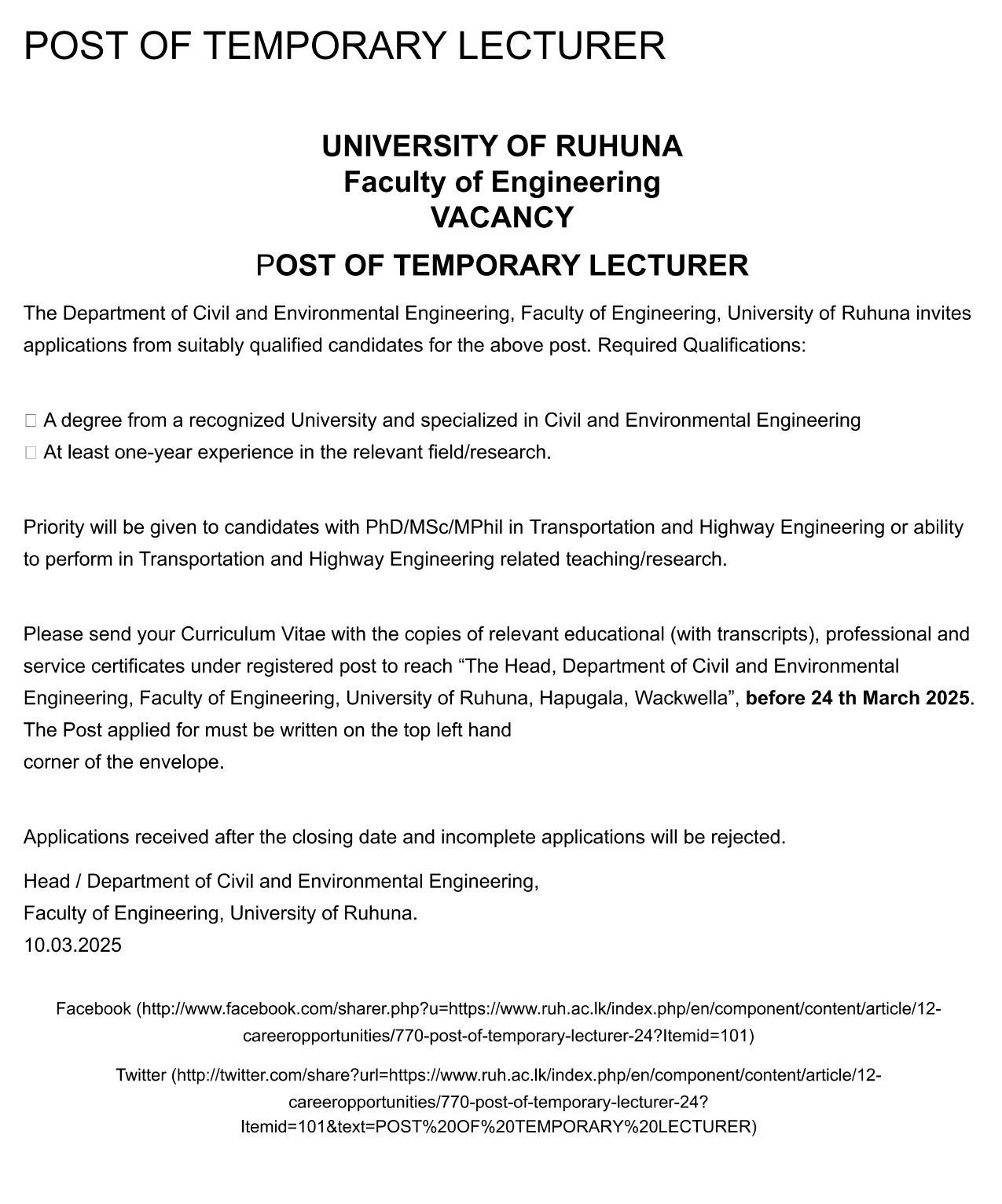 Temporary Lecturer - University of Ruhuna