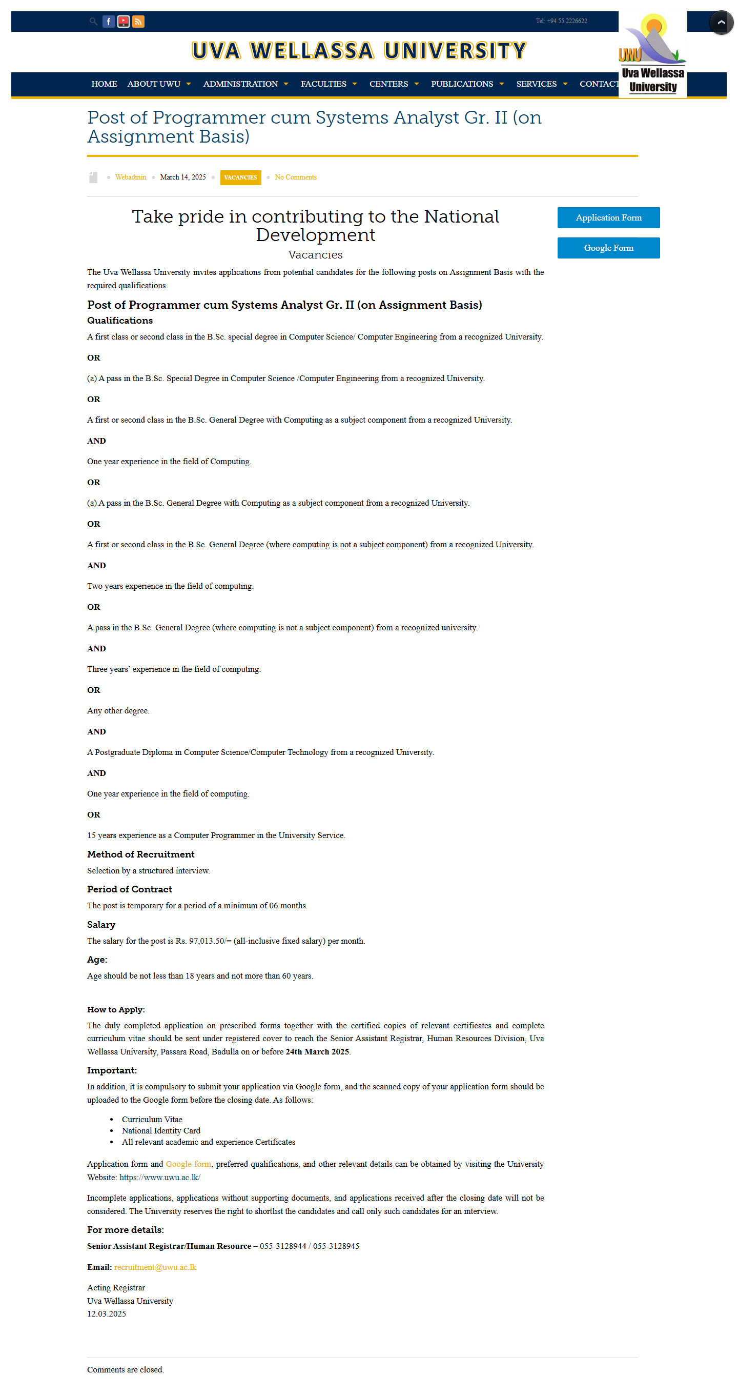 Programmer/Systems Analyst, Temporary Lecturer - Uva Wellassa University