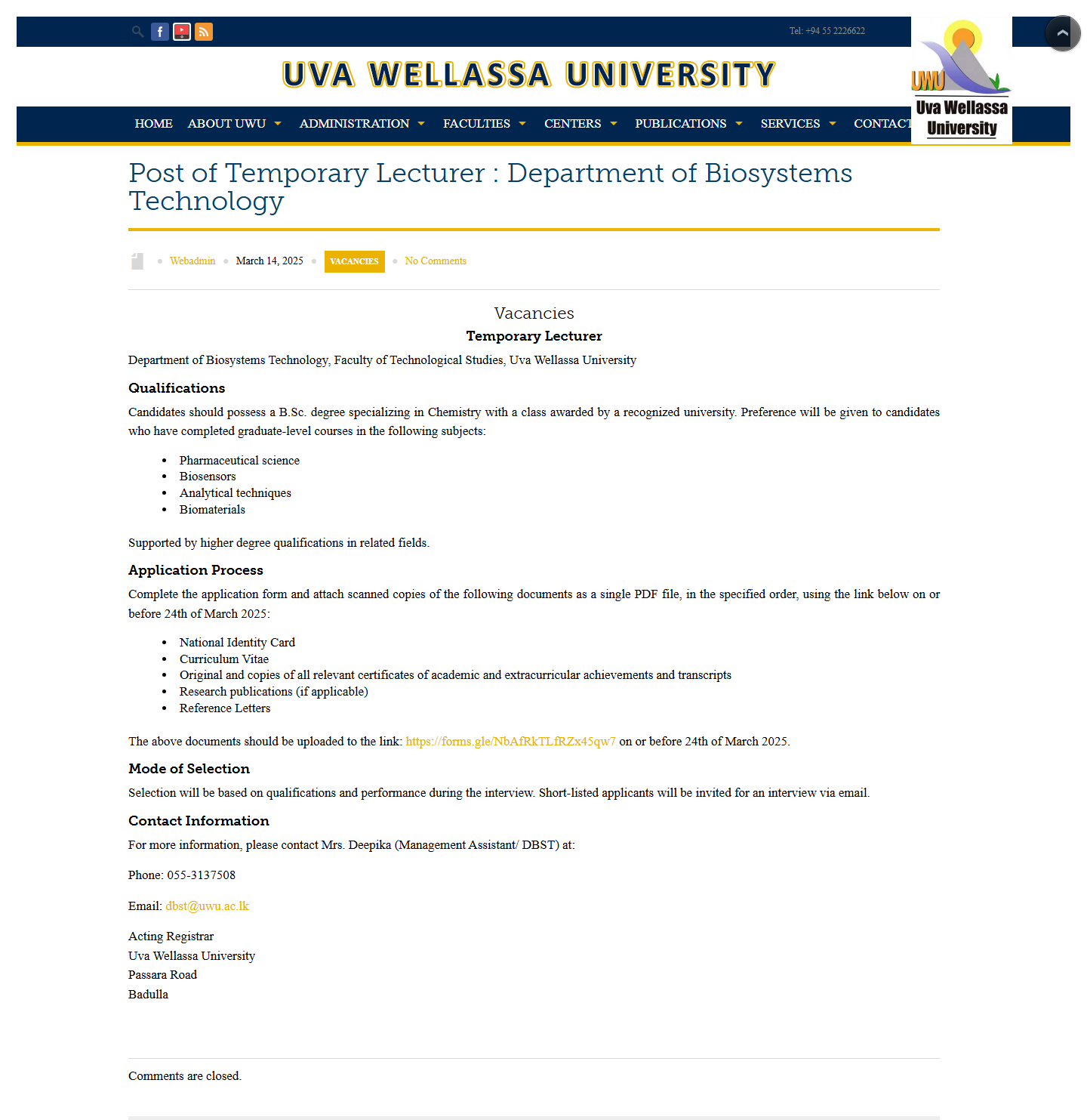 Programmer/Systems Analyst, Temporary Lecturer - Uva Wellassa University