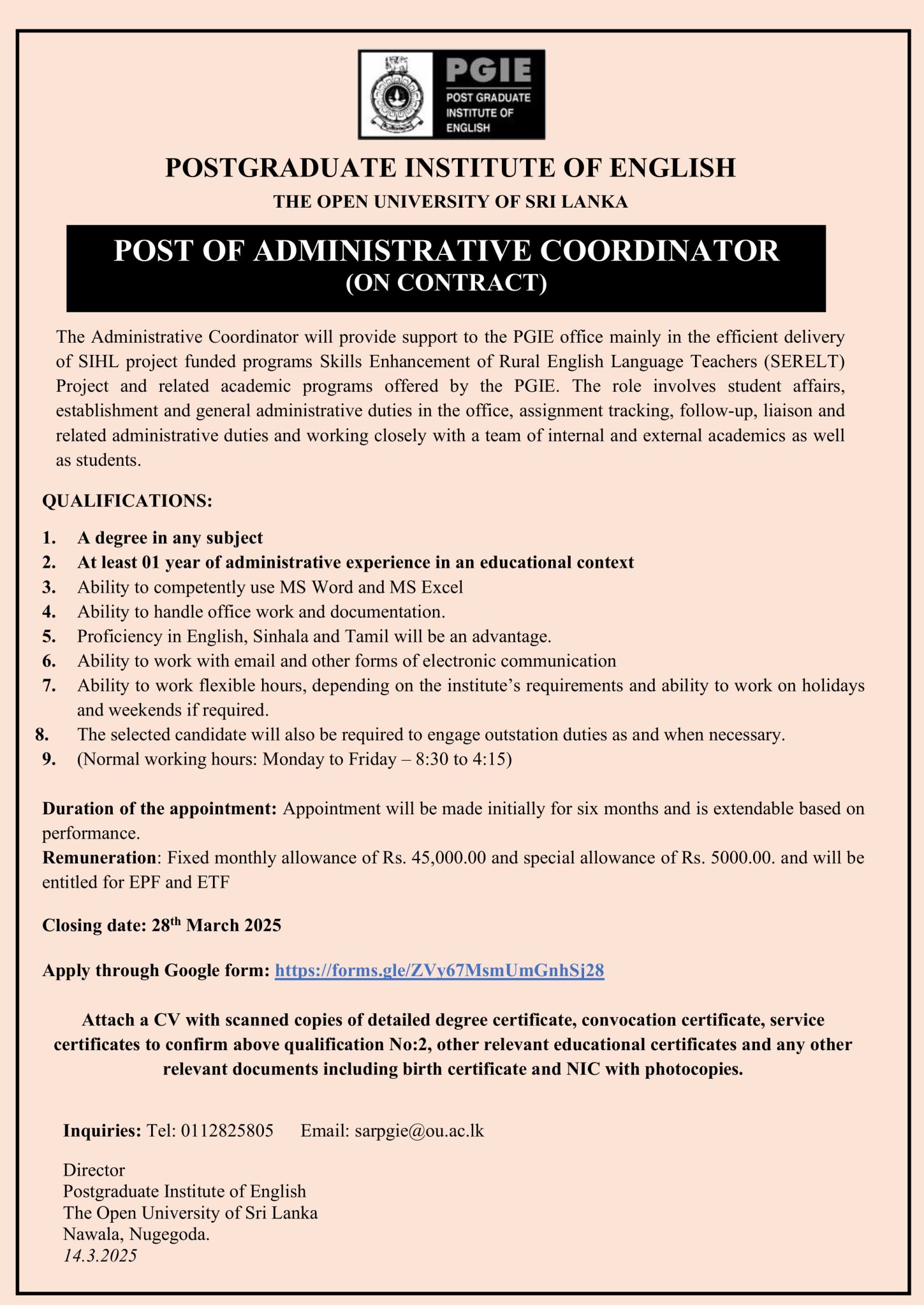 Administrative Coordinator - The Open University of Sri Lanka