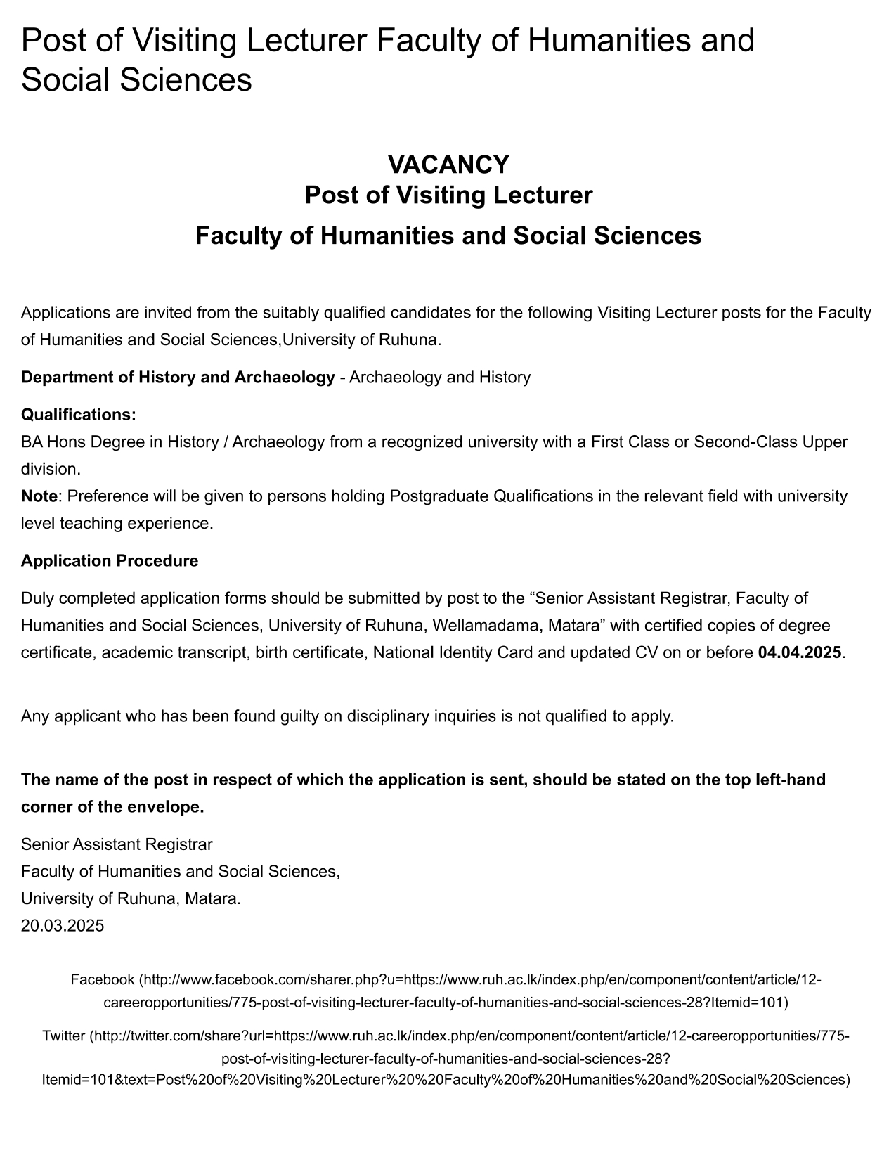Visiting Lecturer - Univetsity of Ruhuna