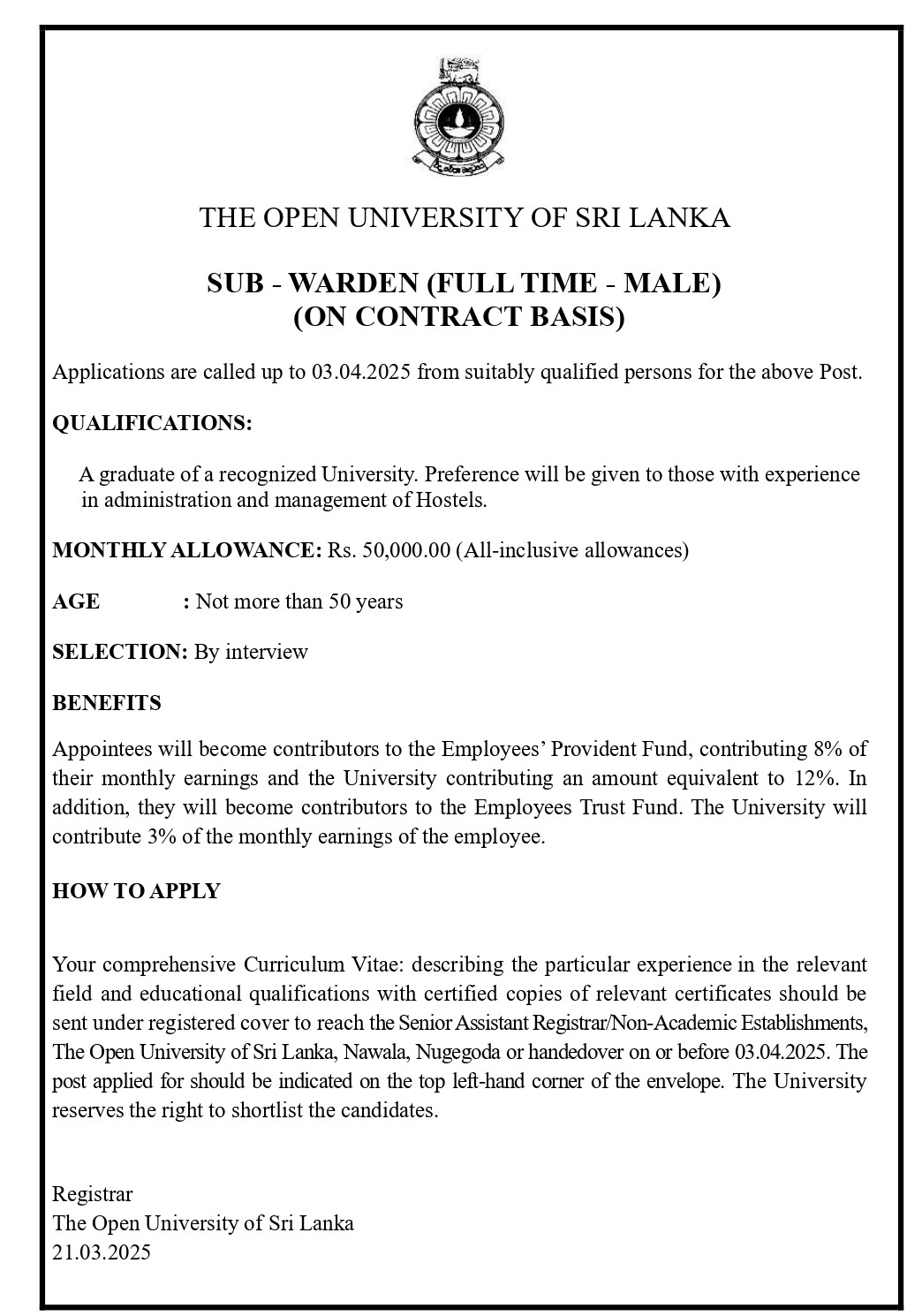 Sub Warden - The Open University of Sri Lanka