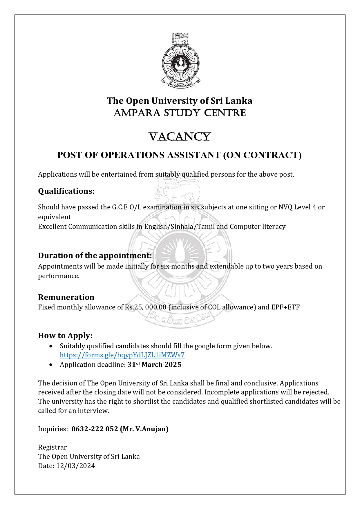 Operations Assistant - The Open University of Sri Lanka 