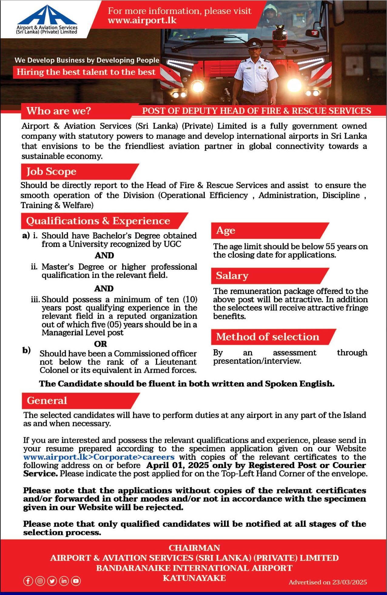Deputy Head of Fire & Rescue Services - Airport & Aviation Services (Sri Lanka) (Private) Limited