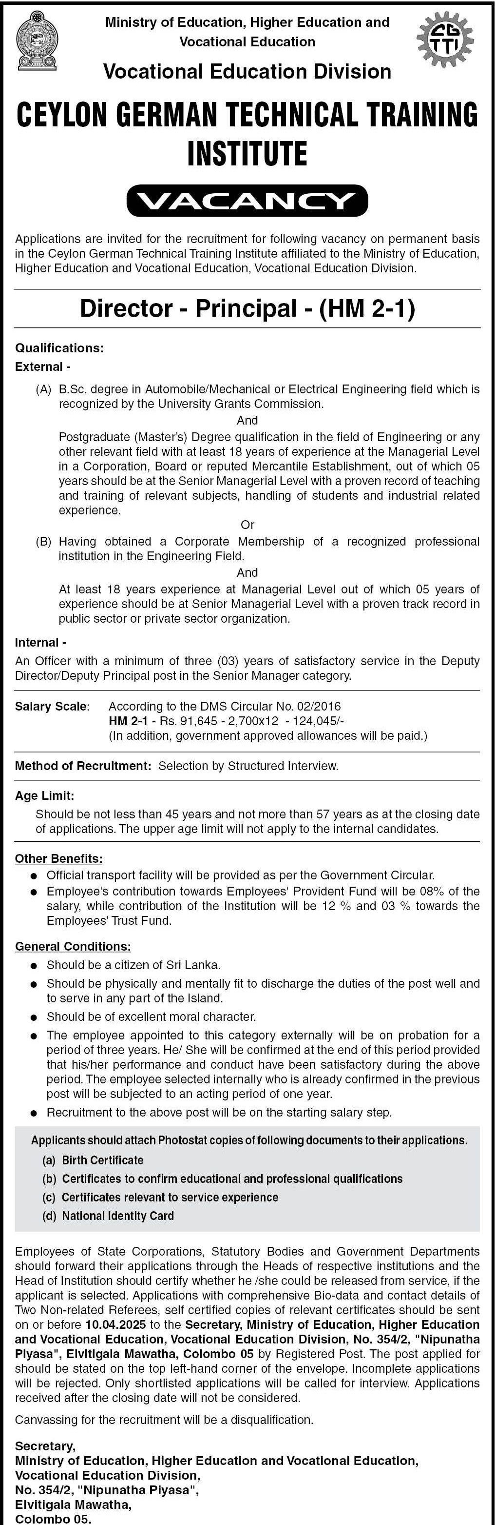 Director (Principal) - Ceylon German Technical Training Institute