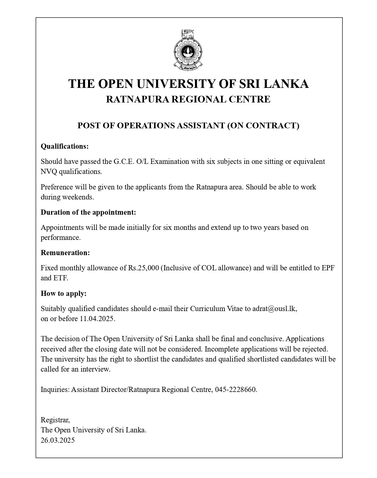 Operations Assistant - The Open University of Sri Lanka