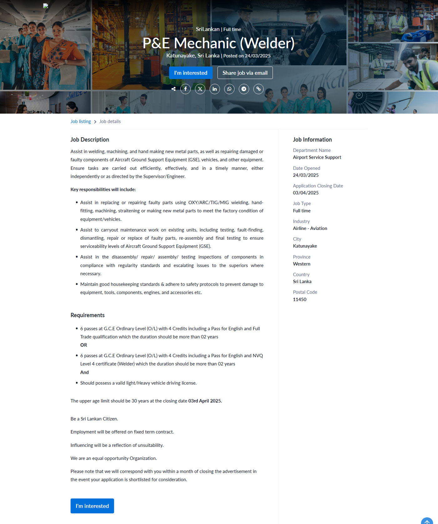 P&E Mechanic (Welder) - SriLankan Airlines Limited