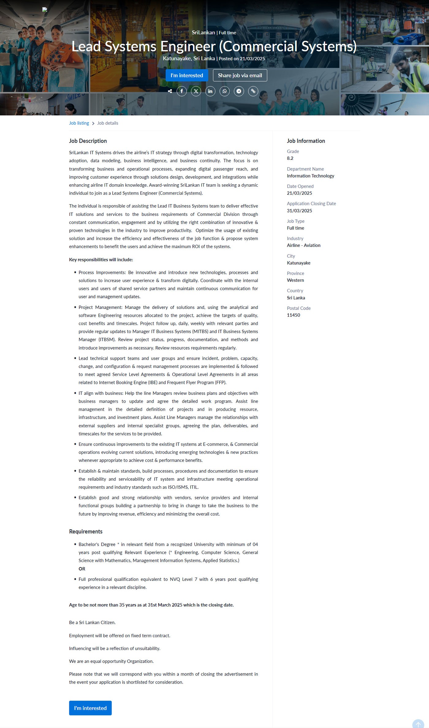 Lead Systems Engineer (Commercial Systems) - SriLankan Airlines Limited