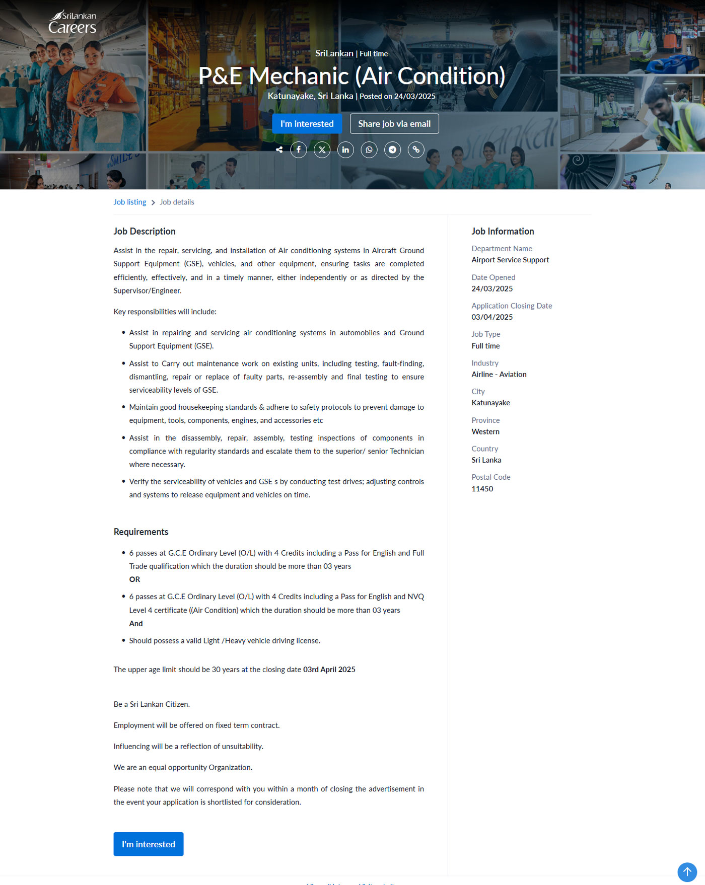 P&E Mechanic (Air Condition) - SriLankan Airlines Limited