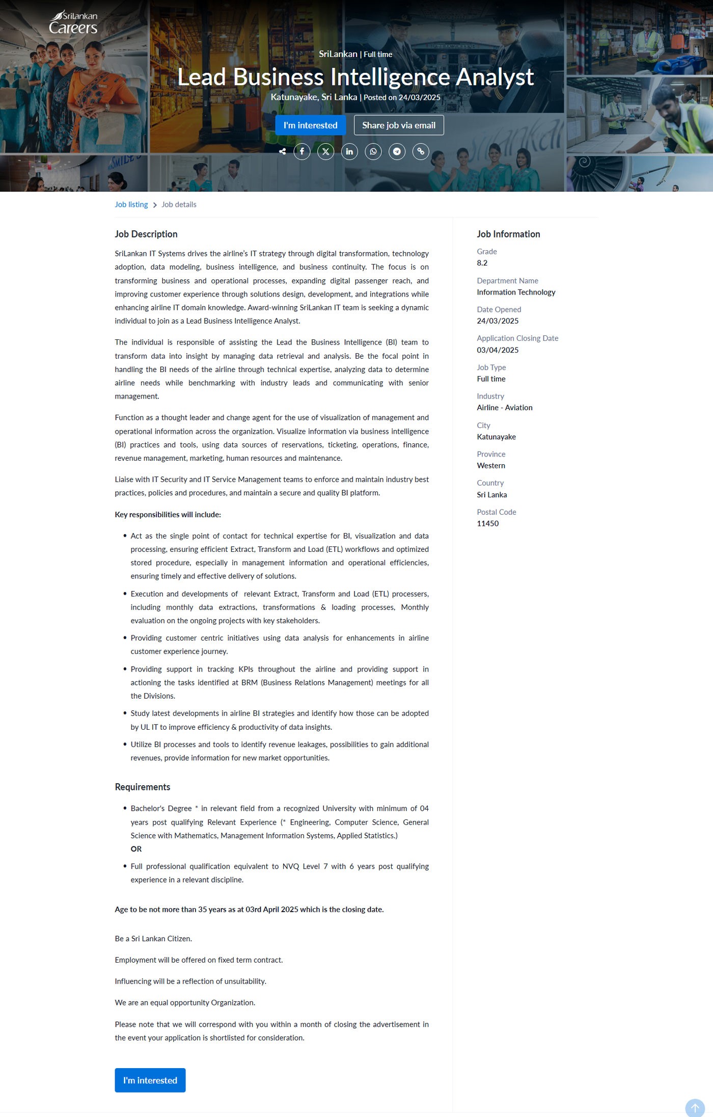 Lead Business Intelligence Analyst - SriLankan Airlines Limited