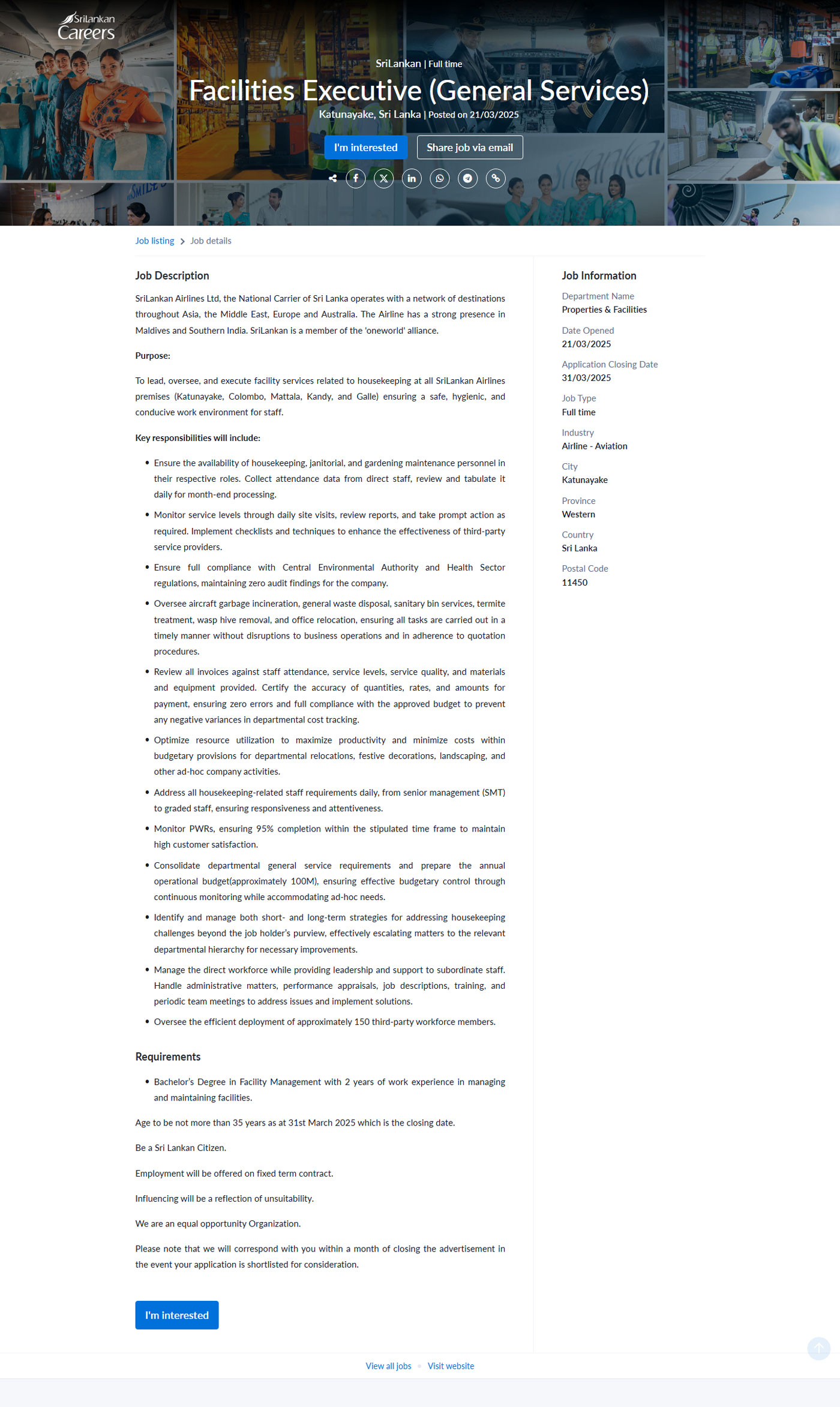 Facilities Executive (General Services) - SriLankan Airlines Limited