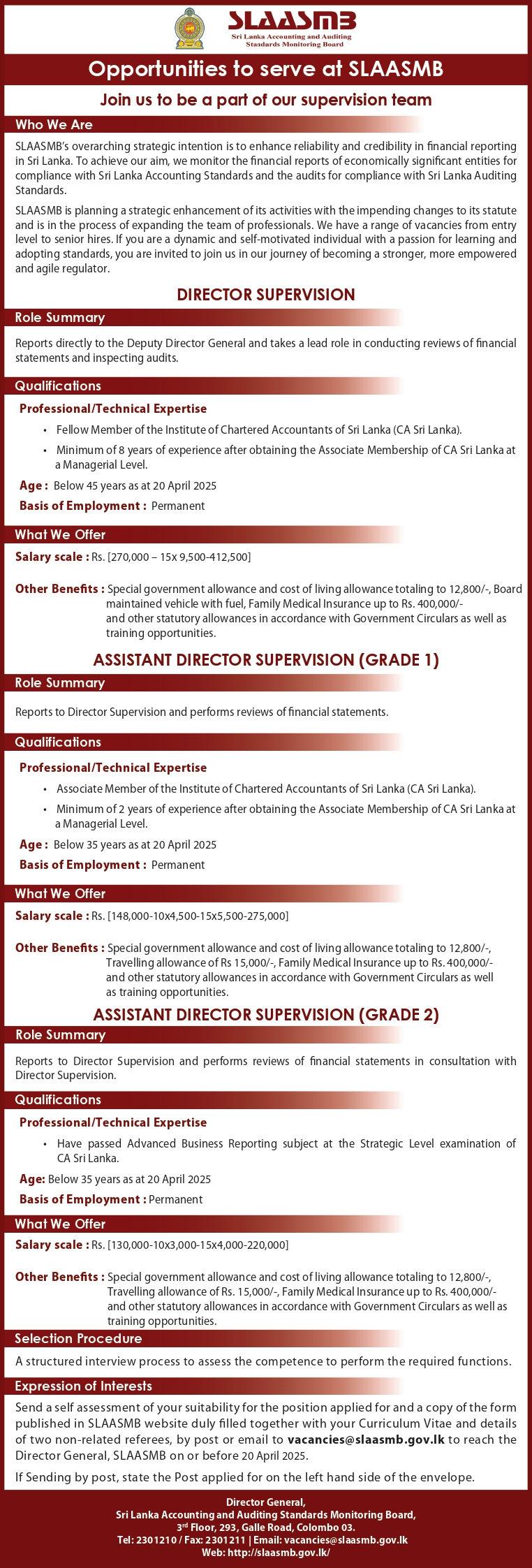 Director (Supervision), Assistant Director (Supervision) - Sri Lanka Accounting Auditing Standards Monitoring Board